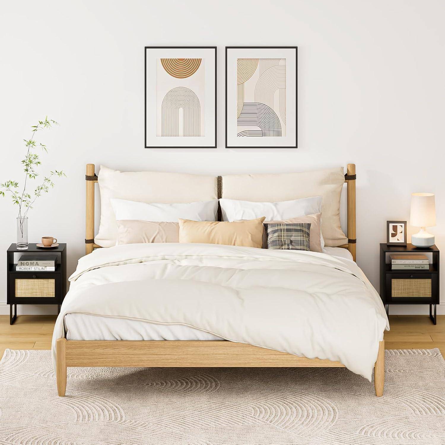 "Boho Rattan Nachttisch mit Schublade und Eiche