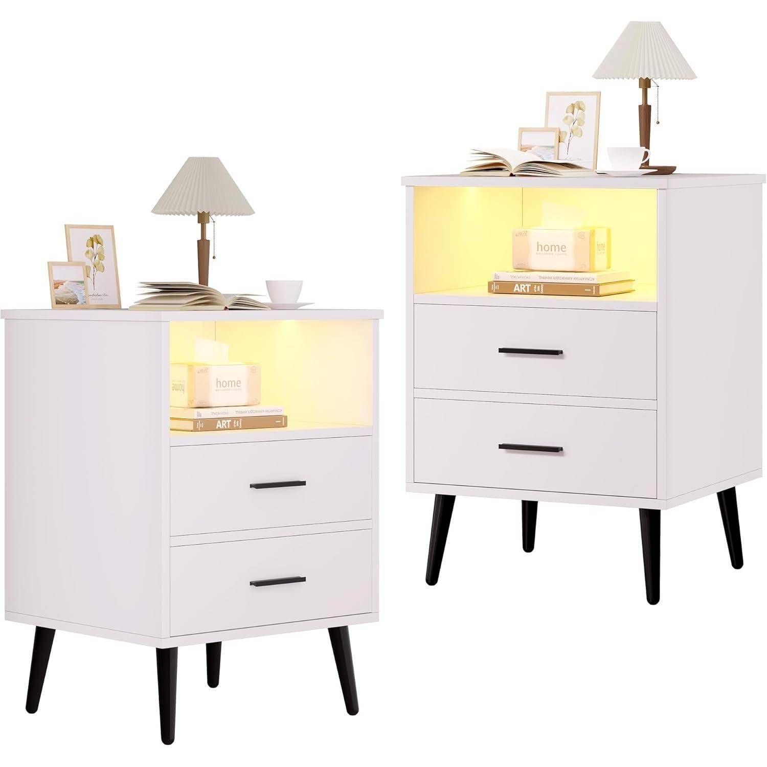 LED Nachttisch 2er Set Weiß mit Ladefunktion und Licht, Modern