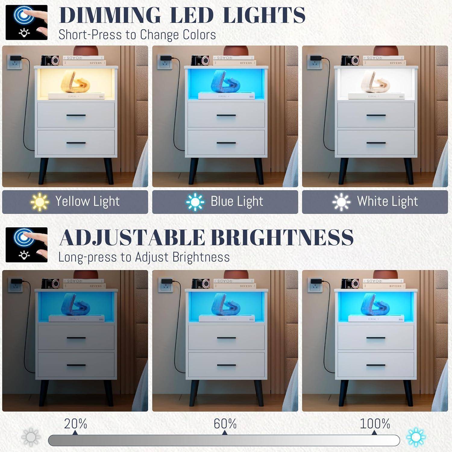 LED Nachttisch 2er Set Weiß mit Ladefunktion und Licht, Modern