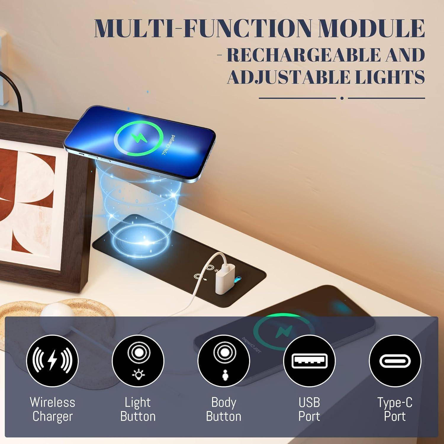 LED Nachttisch 2er Set Weiß mit Ladefunktion und Licht, Modern