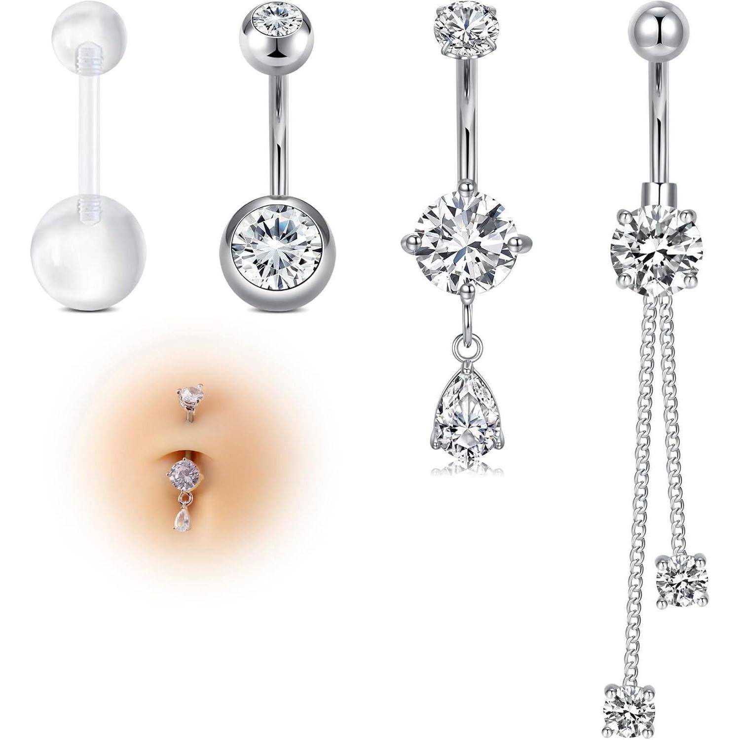 4 Stk. Hängende Bauchnabelstecker 14G Chirurgenstahl CZ Schmuck 10MM