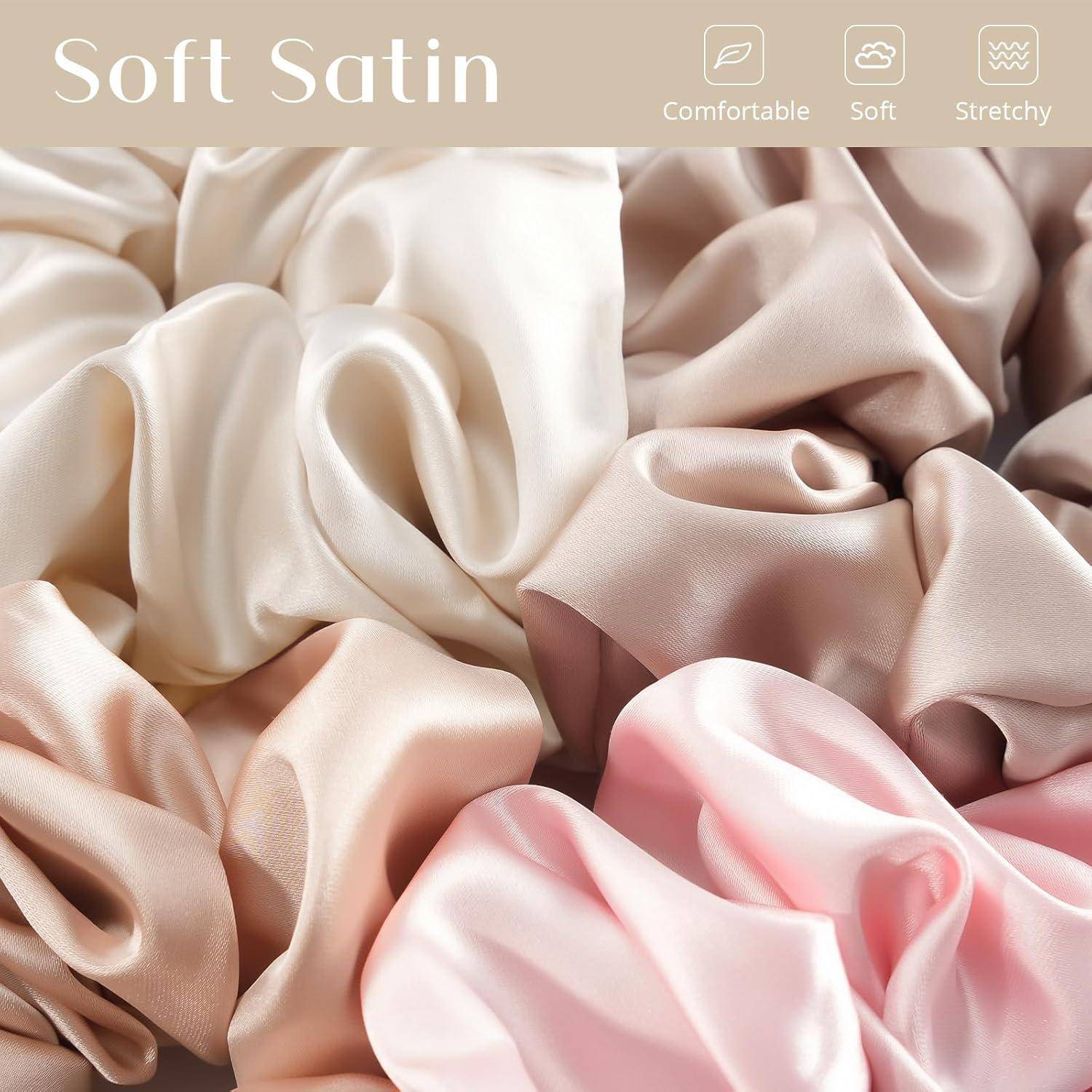 Weicher Satin-Stoff in verschiedenen Pastelltönen wird mit Etiketten präsentiert, die ihn als 