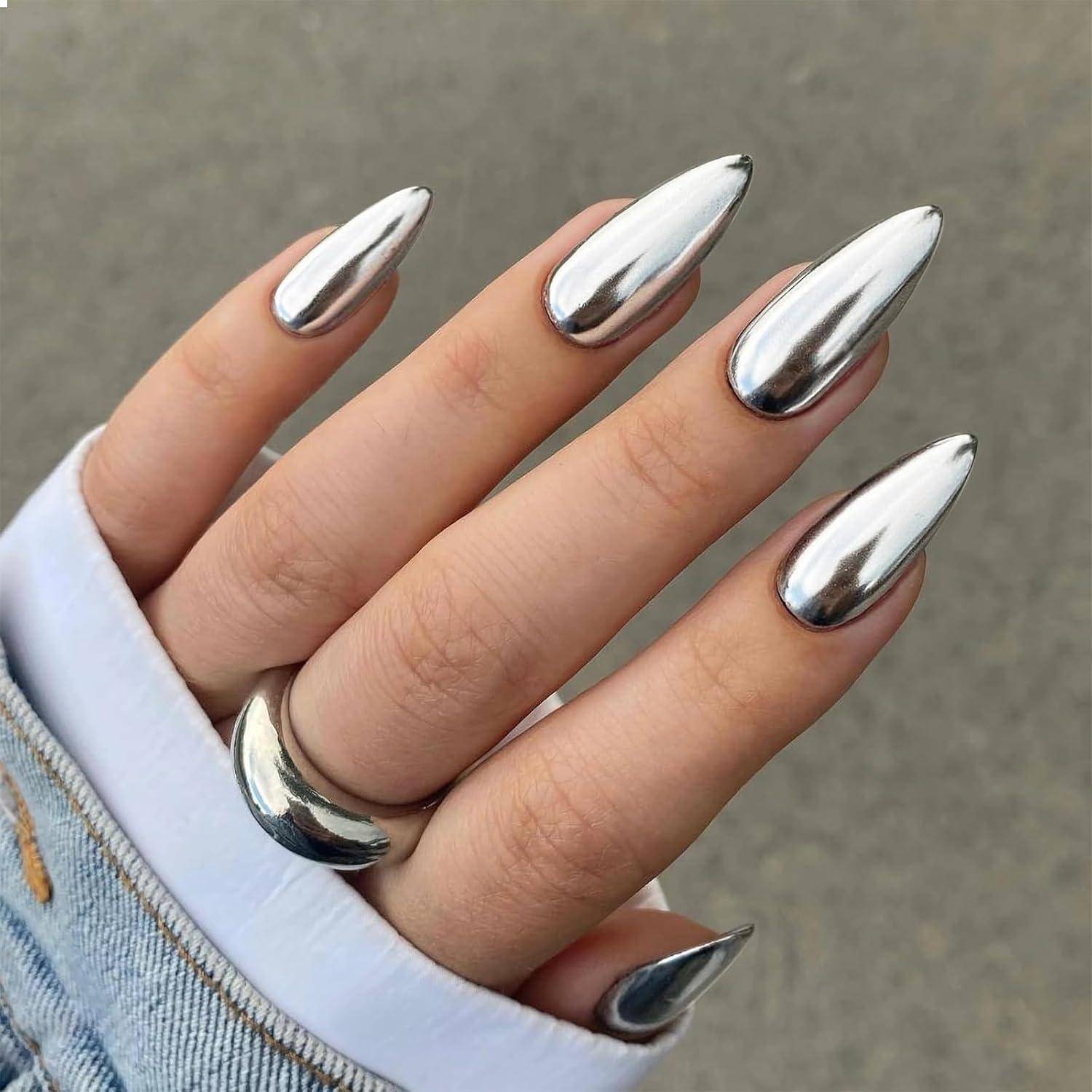 24Pcs Lustrous Chrome Press on Nägel Mittel Almond Spiegel Lack Klebe