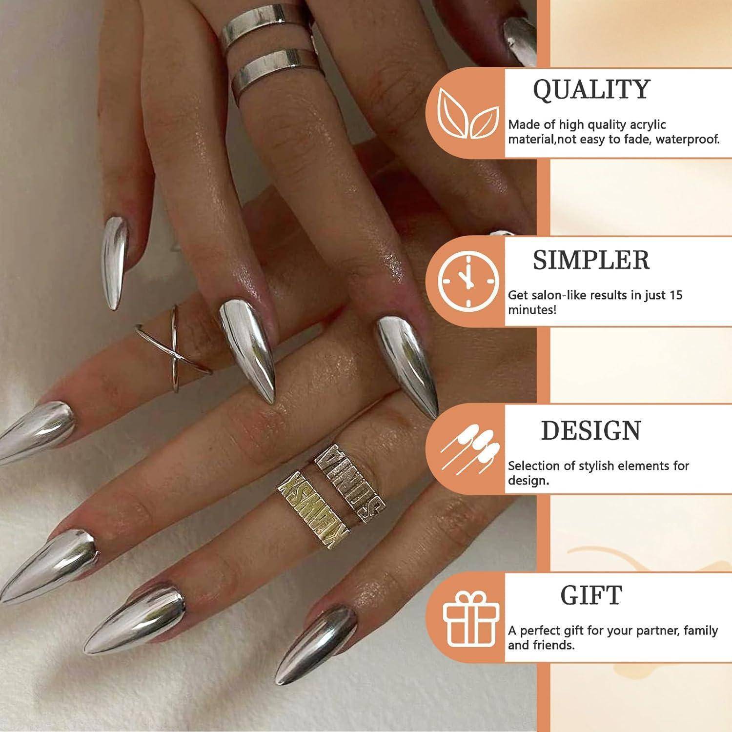 24Pcs Lustrous Chrome Press on Nägel Mittel Almond Spiegel Lack Klebe