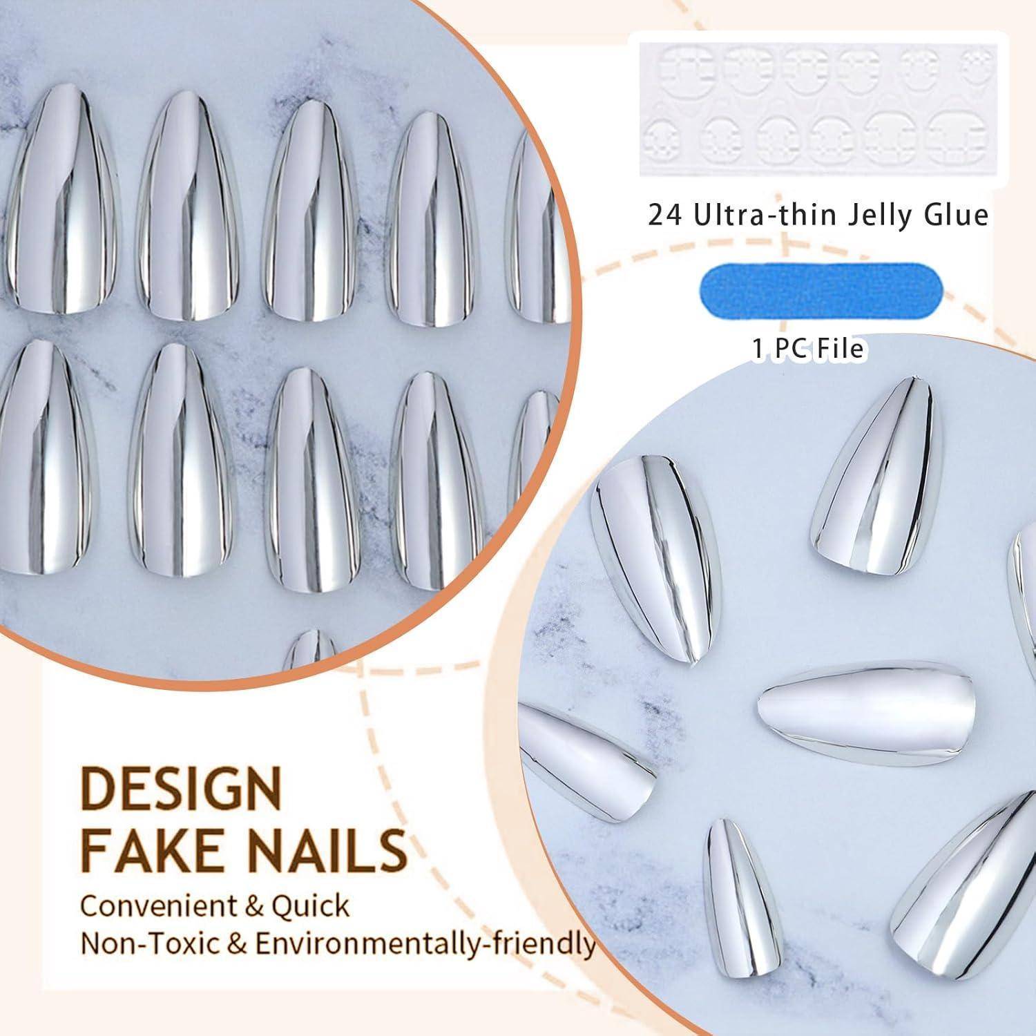 24Pcs Lustrous Chrome Press on Nägel Mittel Almond Spiegel Lack Klebe