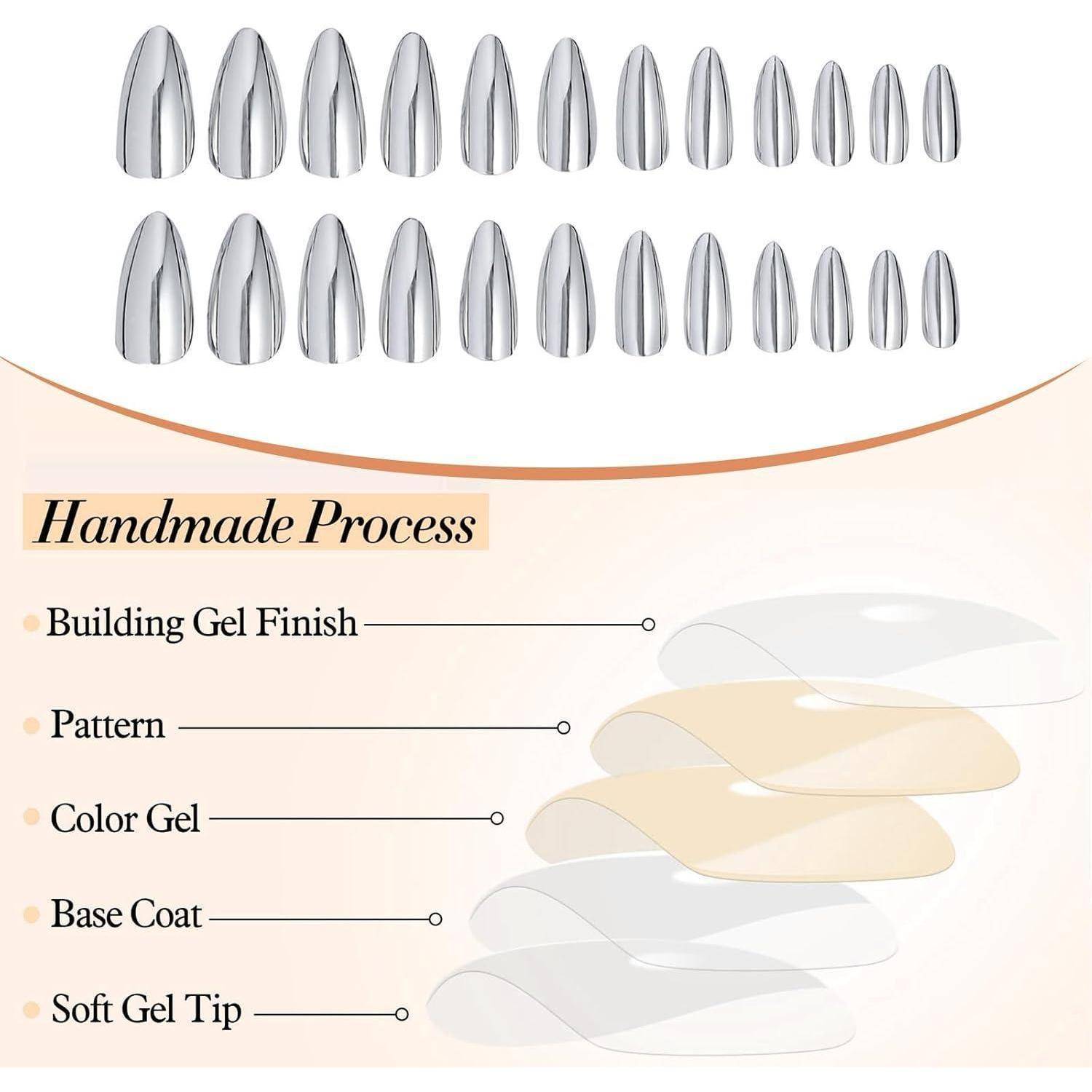 24Pcs Lustrous Chrome Press on Nägel Mittel Almond Spiegel Lack Klebe