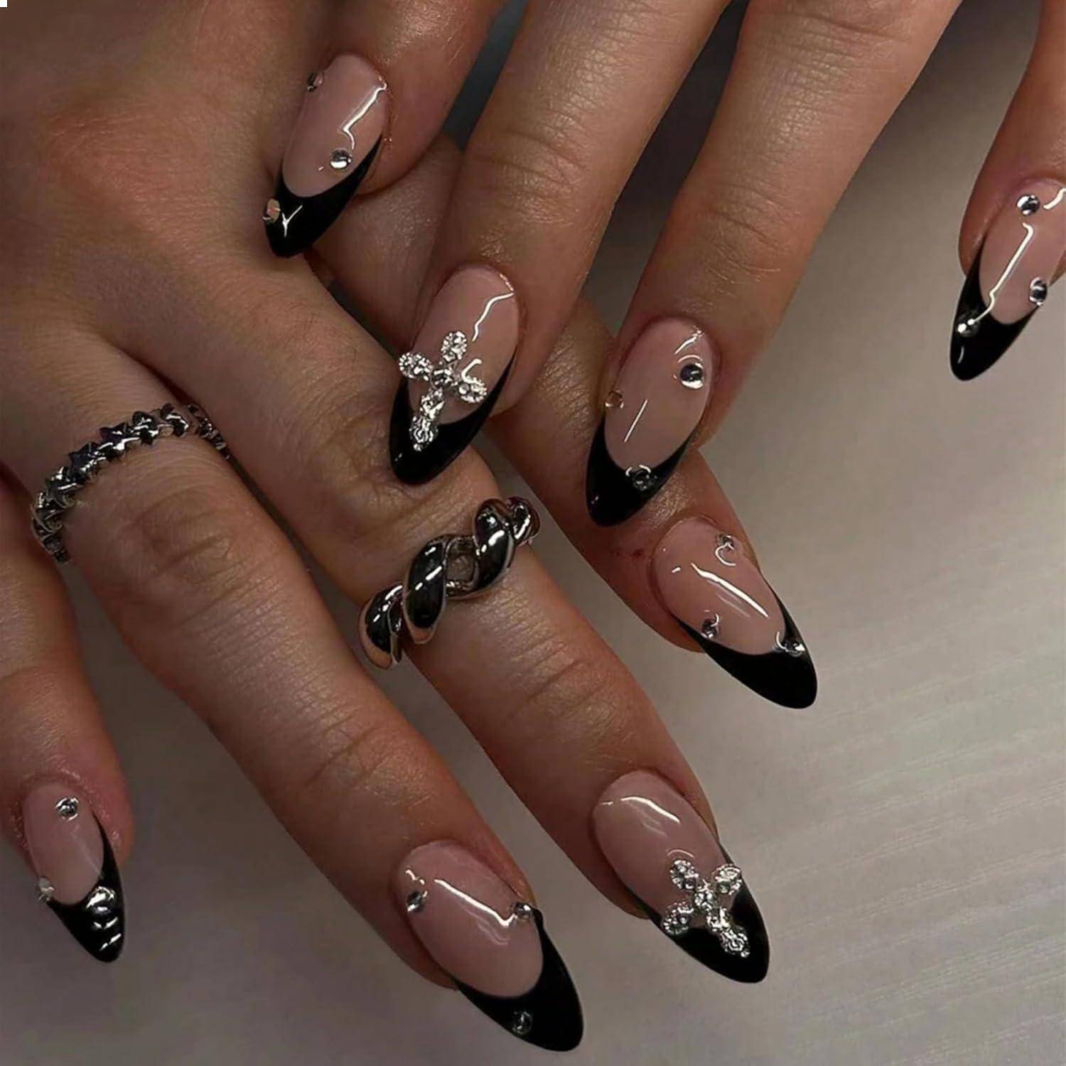 24er Set Mandelkreuz Design 3D Schwarz Press On Nails French Tip Acryl