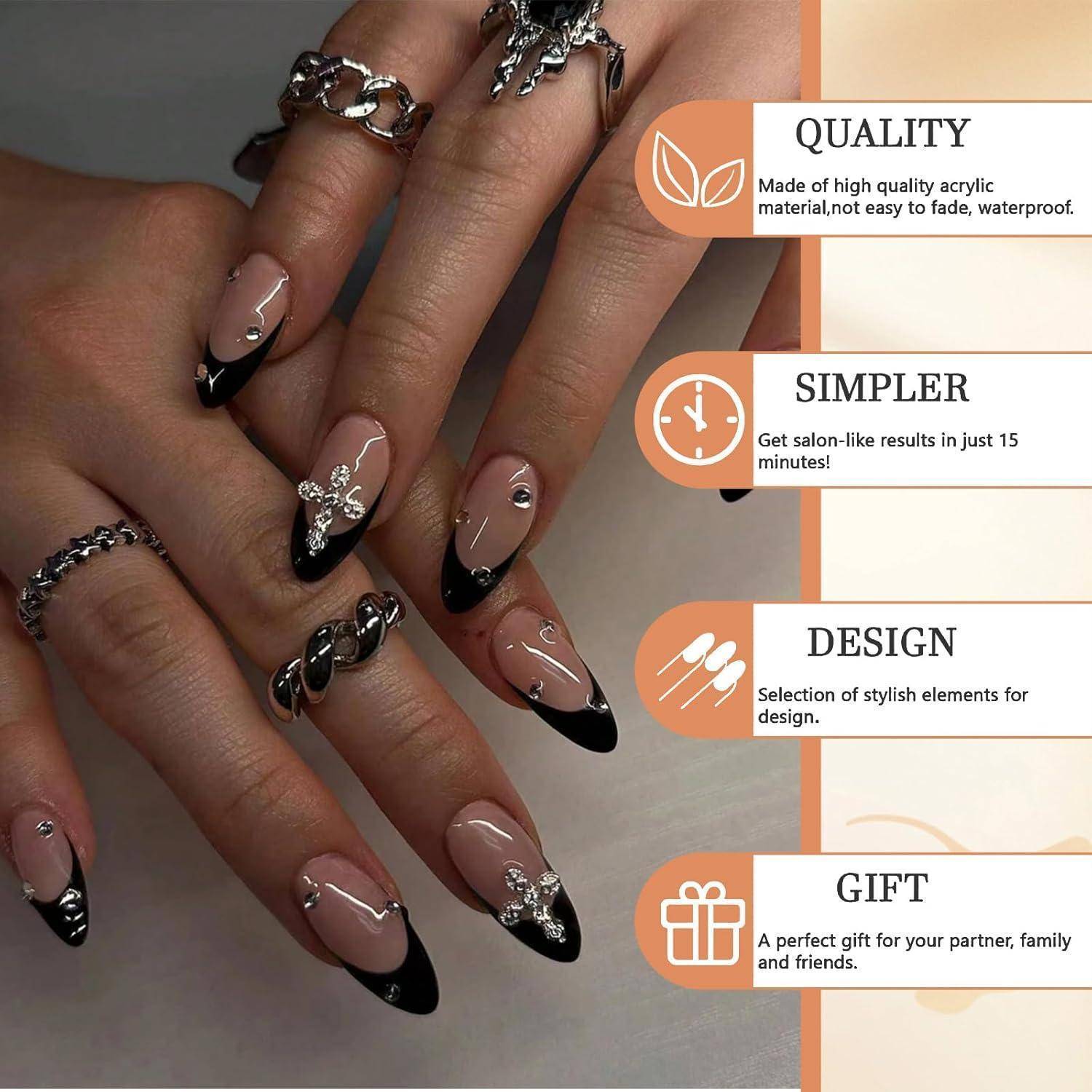 24er Set Mandelkreuz Design 3D Schwarz Press On Nails French Tip Acryl