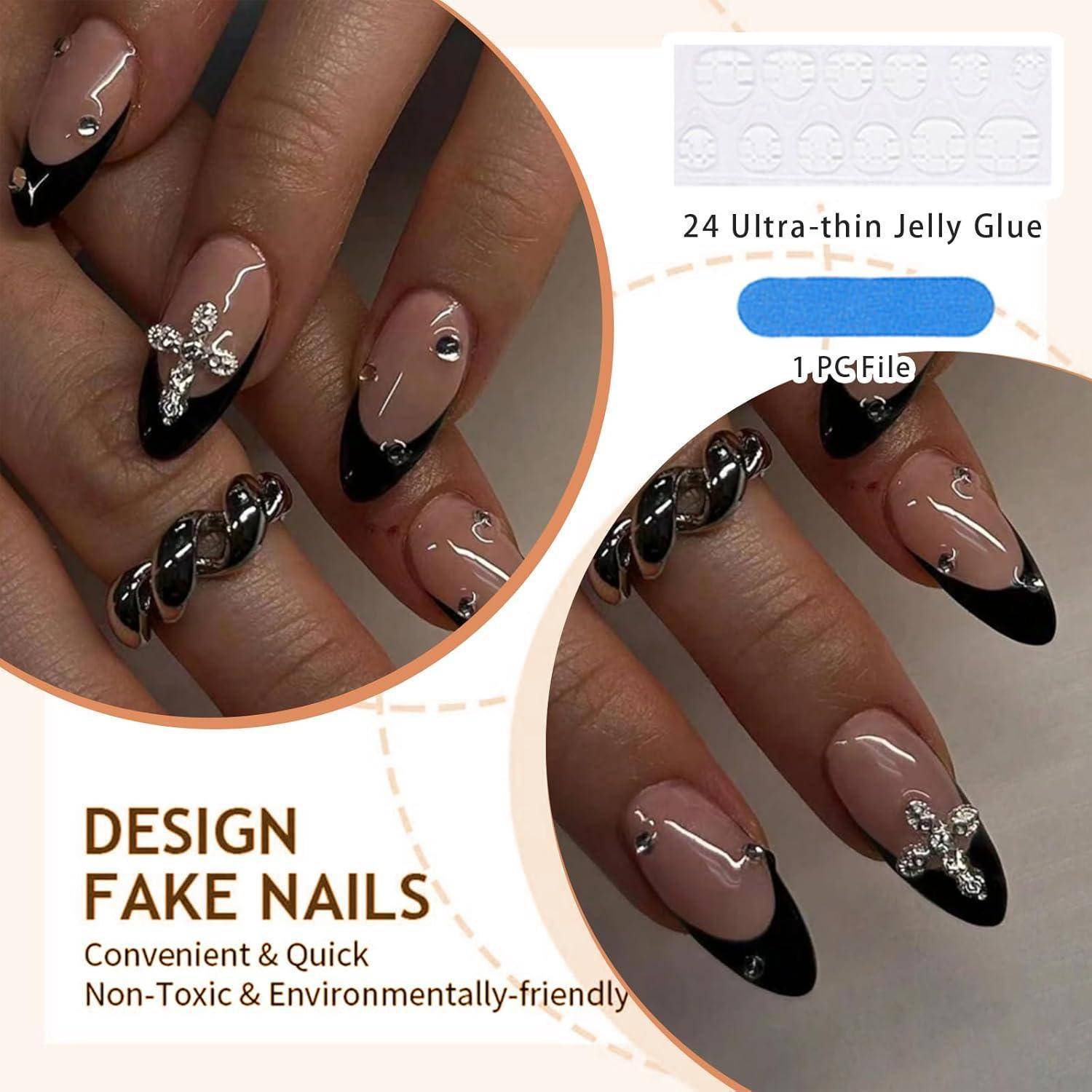 24er Set Mandelkreuz Design 3D Schwarz Press On Nails French Tip Acryl