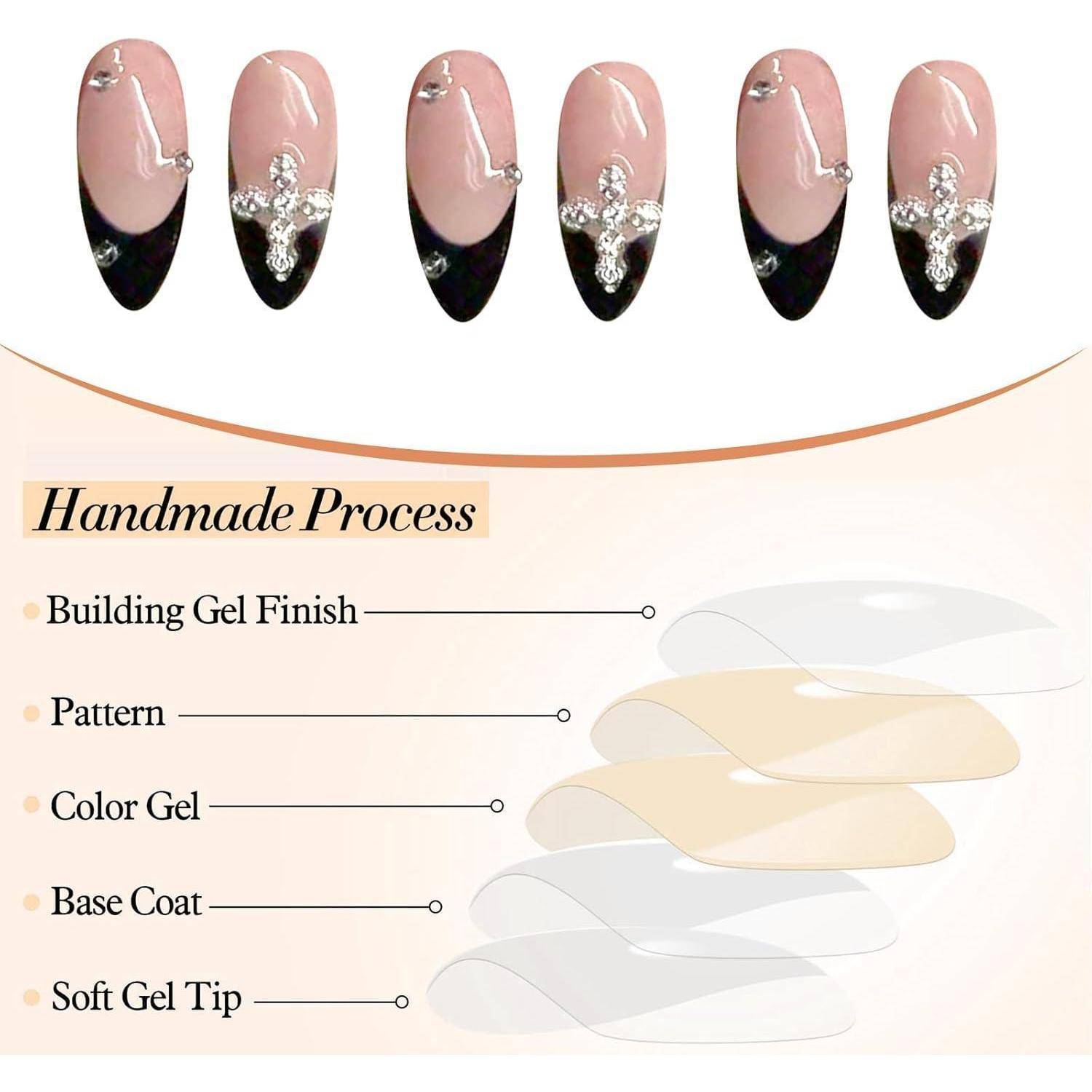 24er Set Mandelkreuz Design 3D Schwarz Press On Nails French Tip Acryl