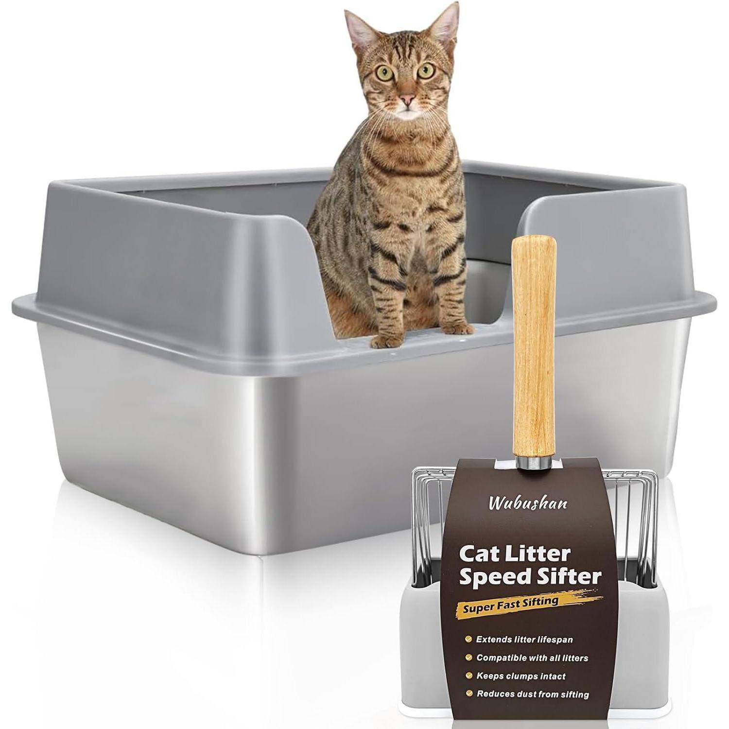 Katzenklo Edelstahl XXL offen hoher Rand Grau 50*35*25CM