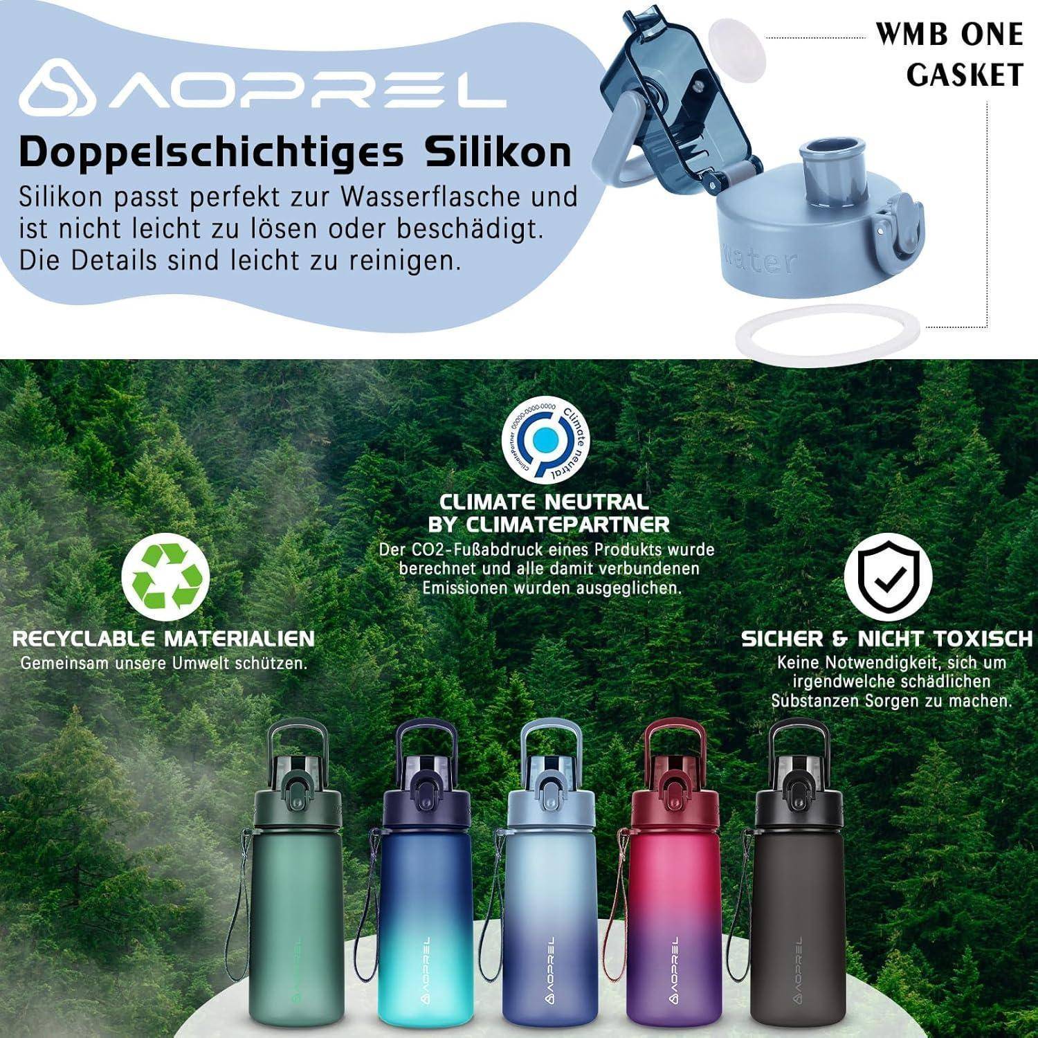 Aoprel' Trinkflaschen mit Trageriemen, in verschiedenen Farben erhältlich. Schwerpunkt auf Klimaneutralität und recycelbaren Materialien. Deutsche Beschreibung der Eigenschaften.