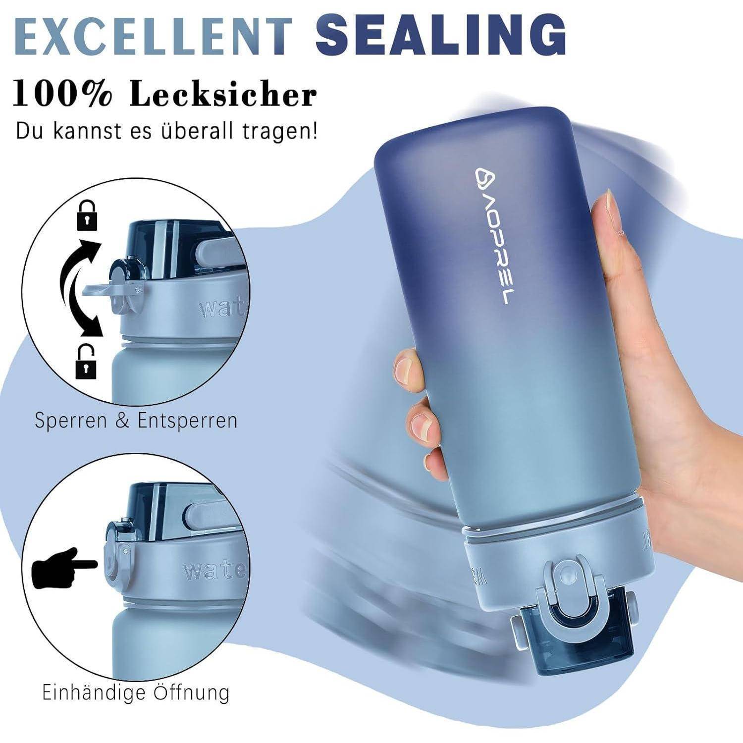 Eine Hand hält eine blaue Wasserflasche mit der Aufschrift '100% Lecksicher' und 'Einhändige Öffnung'. Dies betont die einfache, auslaufsichere und einhandige Handhabung.