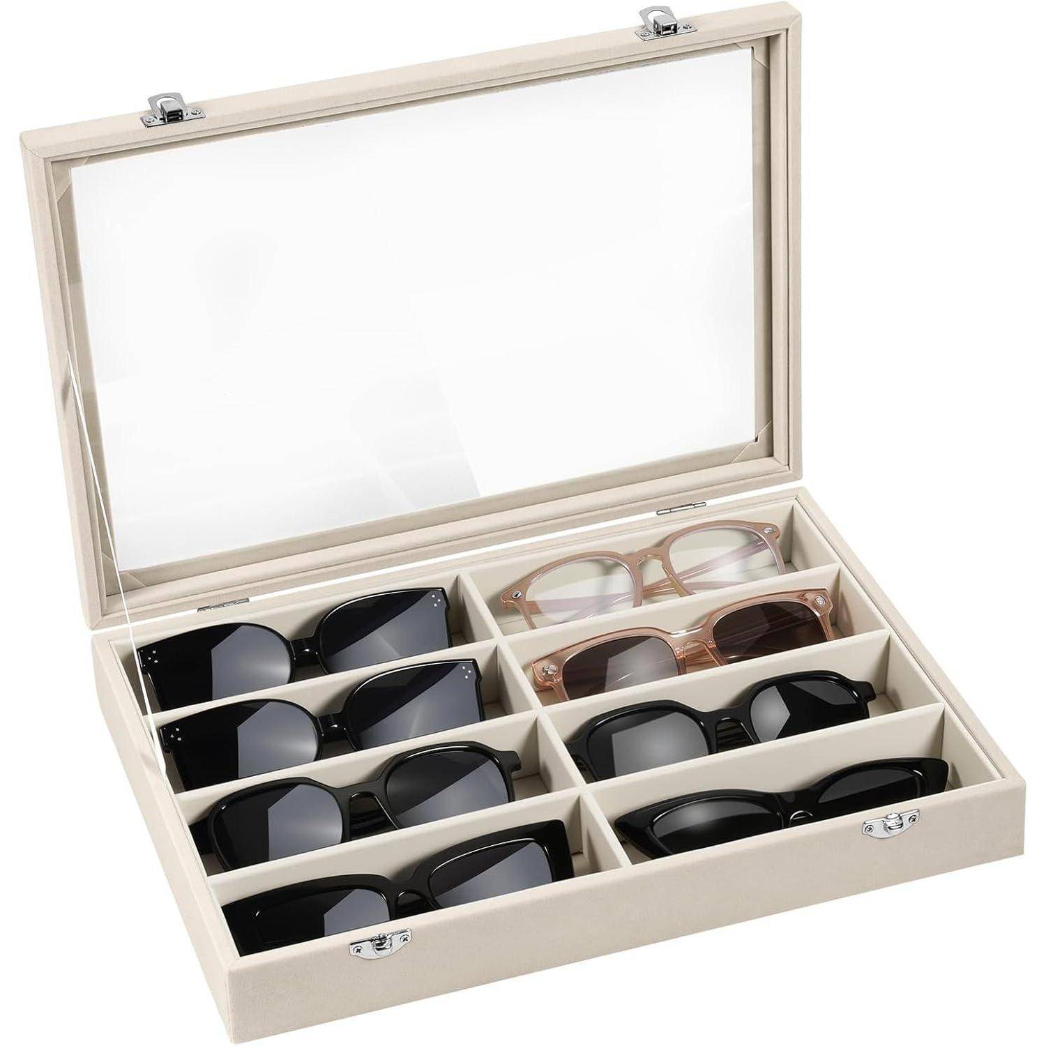 Brillenbox 8 Fächer Samt Organizer H-8 fächer mit deckel beige