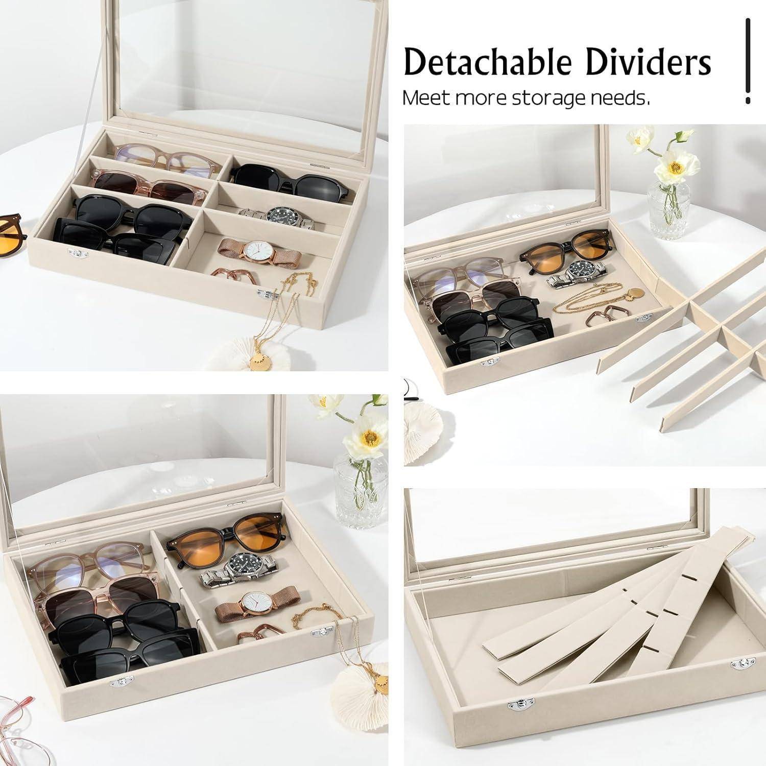 Brillenbox 8 Fächer Samt Organizer H-8 fächer mit deckel beige