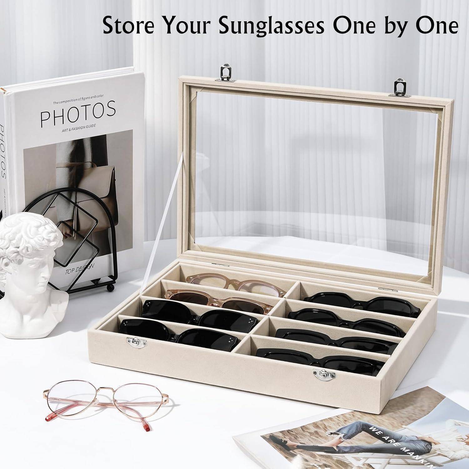 Brillenbox 8 Fächer Samt Organizer H-8 fächer mit deckel beige
