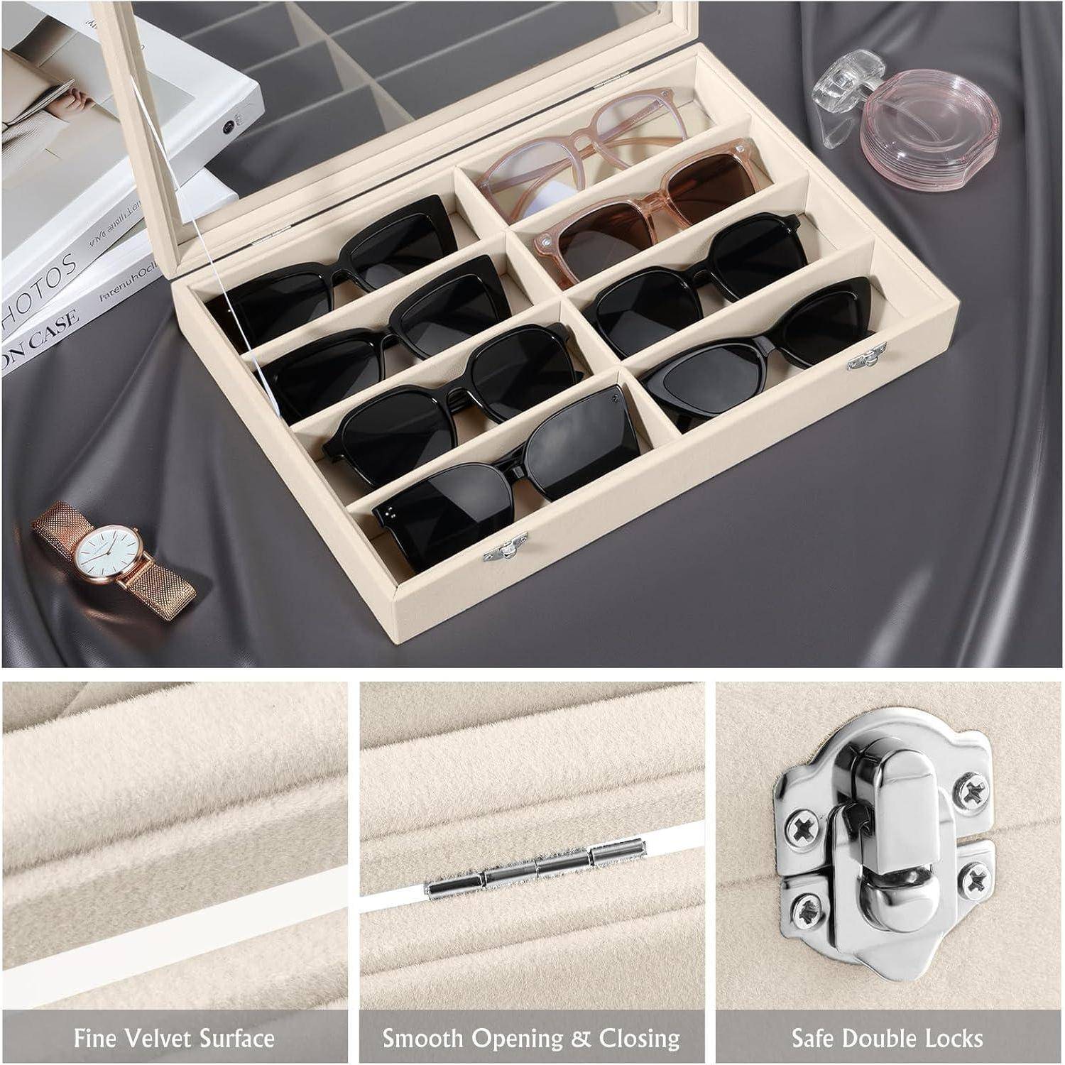 Brillenbox 8 Fächer Samt Organizer H-8 fächer mit deckel beige