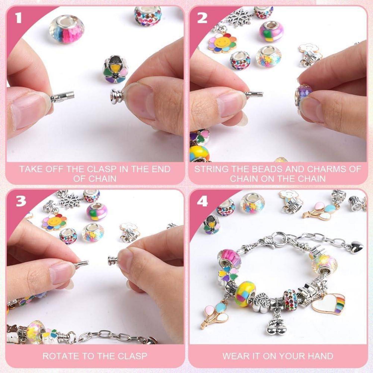 Vierschritte-Anleitung zum Herstellen eines Bettelarmbands: 1) Verschluss von der Kette entfernen. 2) Perlen und Anhänger auffädeln. 3) Zum Verschluss drehen. 4) Am Handgelenk tragen.