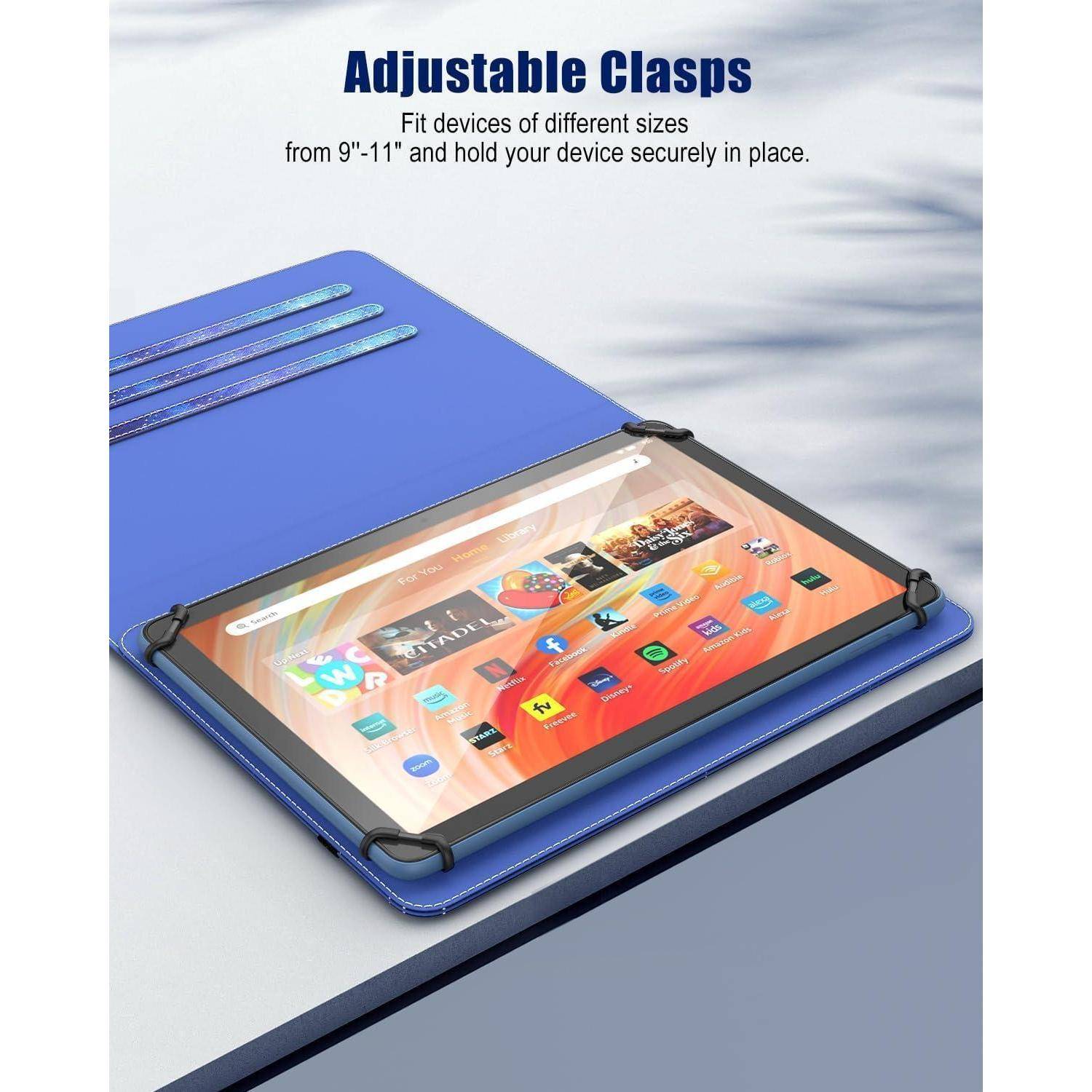 Ein offener blauer Tabletkoffer zeigt ein Tablet mit verschiedenen App-Symbolen. Der Text liest 