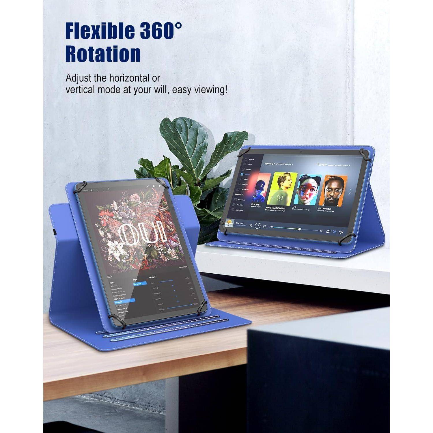 Zwei blaue Tabletständer, die Tablets präsentieren, einer mit einem Albumcover und der andere mit einer Musik-App. Text: 'Flexible 360° Rotation' und Bedienungsanleitung.