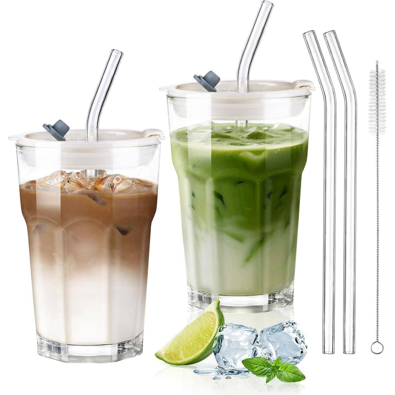 Glasbecher 2er 380ml Deckel Strohhalm Type1-380ml*2 Type1-380ml*2