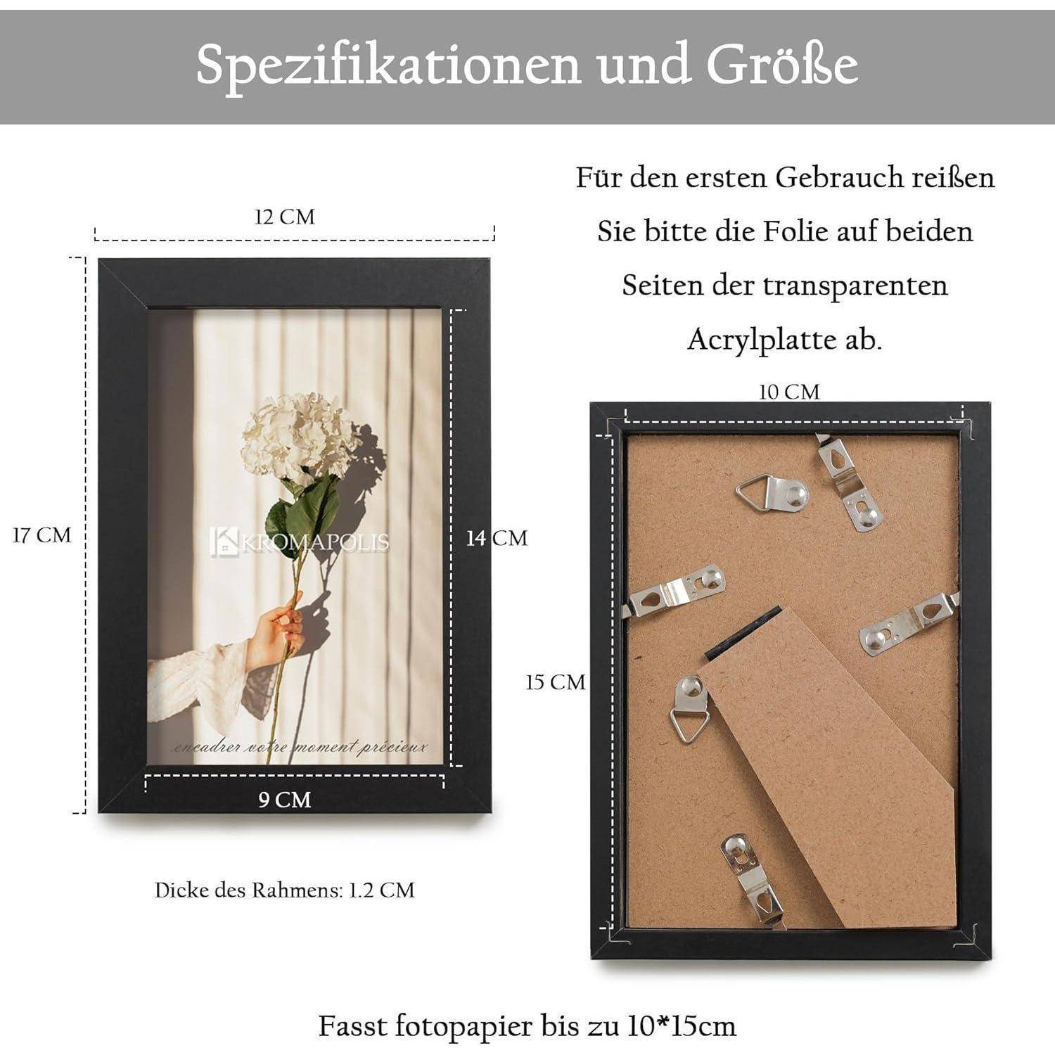Rahmenspezifikationen: 12 x 17 cm, 1,2 cm dick, hält 10 x 15 cm Fotos. Schutzfolie vor Gebrauch entfernen. Rückansicht zeigt Ständer und Klammern.