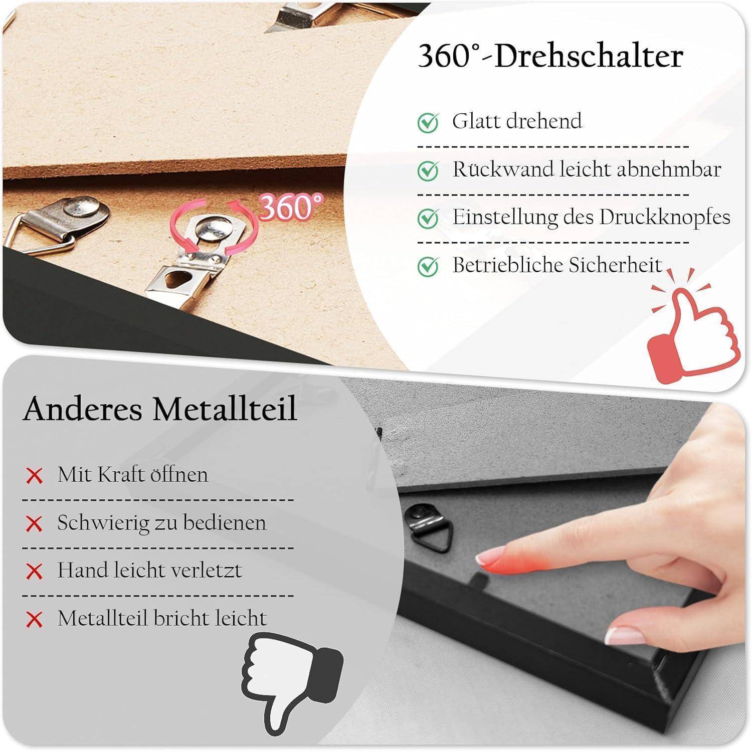 360°-Drehschalter' Darstellung, die einen geschmeidigen Drehschalter zeigt, mit Funktionen wie 'Einstellung des Druckknopfes'. Vergleich mit einem Metallbauteil, das nur mit Kraftaufwand zu öffnen ist, schwer zu bedienen und anfällig für Brüche.