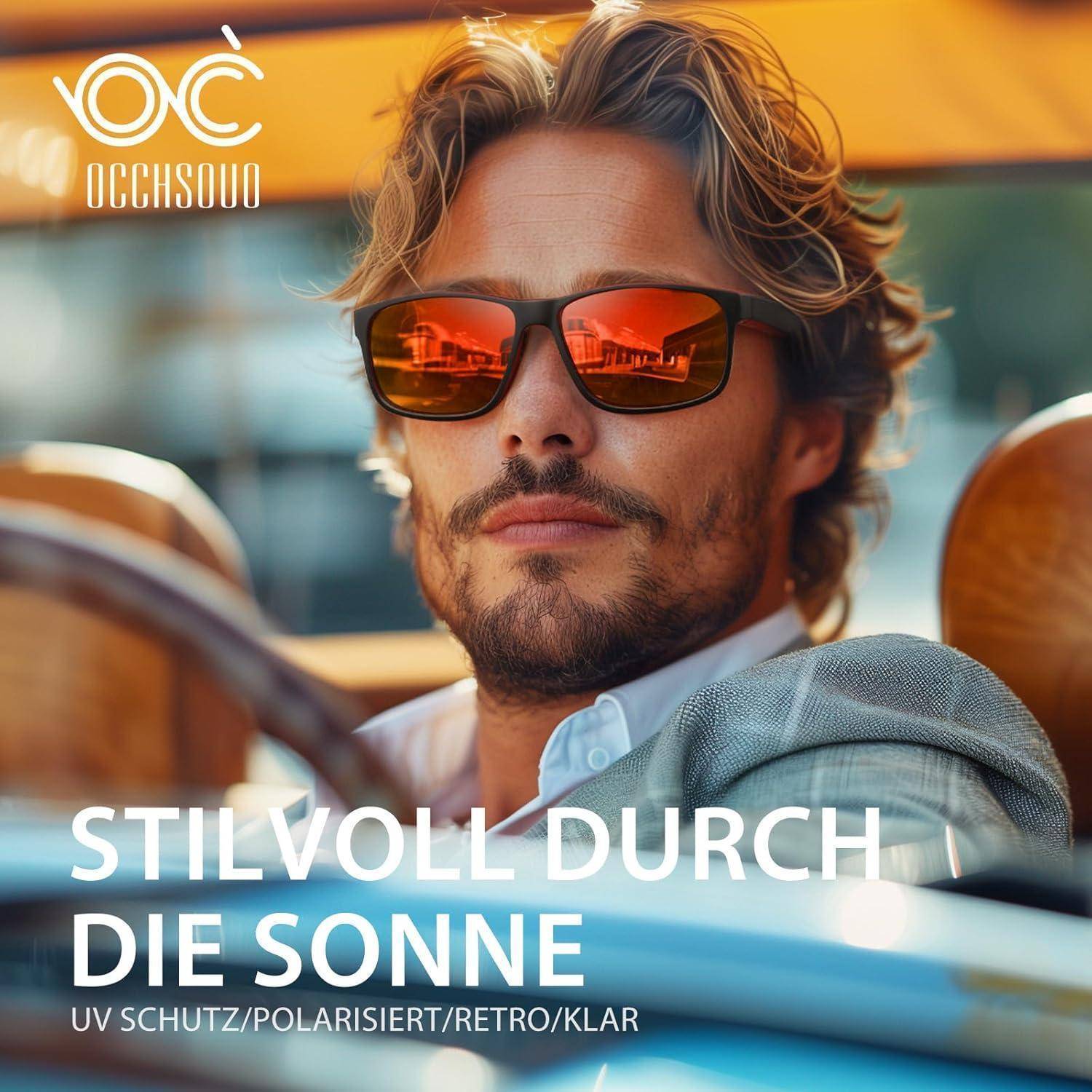 Ein Mann mit stylisher Sonnenbrille, die das Sonnenlicht reflektiert. Text liest sich 'OCCHIOUO' und 'STILVOLL DURCH DIE SONNE'.
