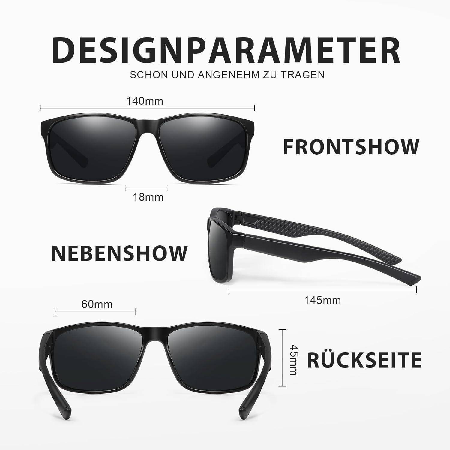 Sonnenbrille Designzeichnung: Draufsicht 'Frontansicht' mit 140 mm Breite, Seitenansicht 'Seitenansicht' mit 18 mm Linsenhöhe, Rückansicht 'Rückseite'.