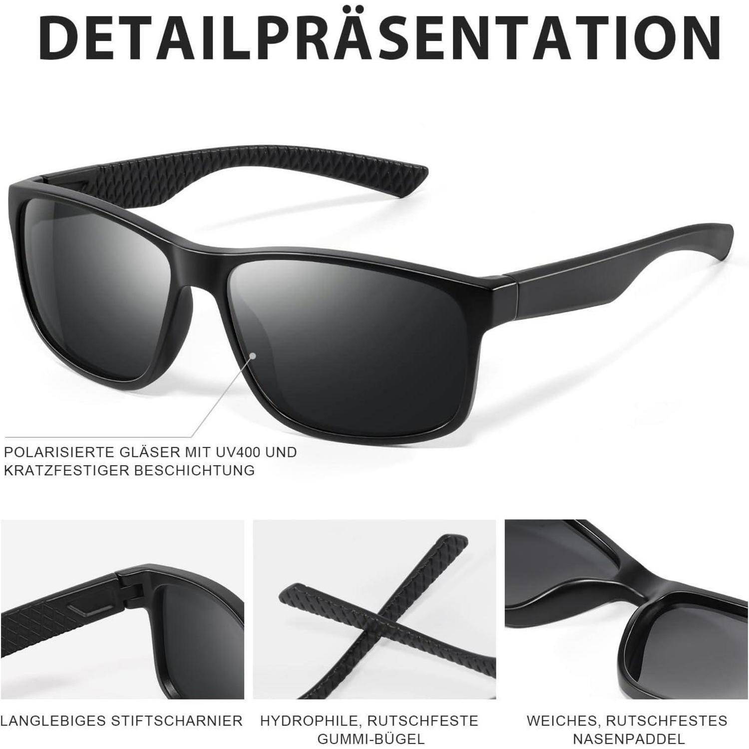 Schwarze Sonnenbrille mit polarisierten UV400-Gläsern. Merkmale umfassen robuste Scharniere, hydrophile, rutschfeste Bügel aus Gummi sowie weiche, rutschfeste Nasenstege.