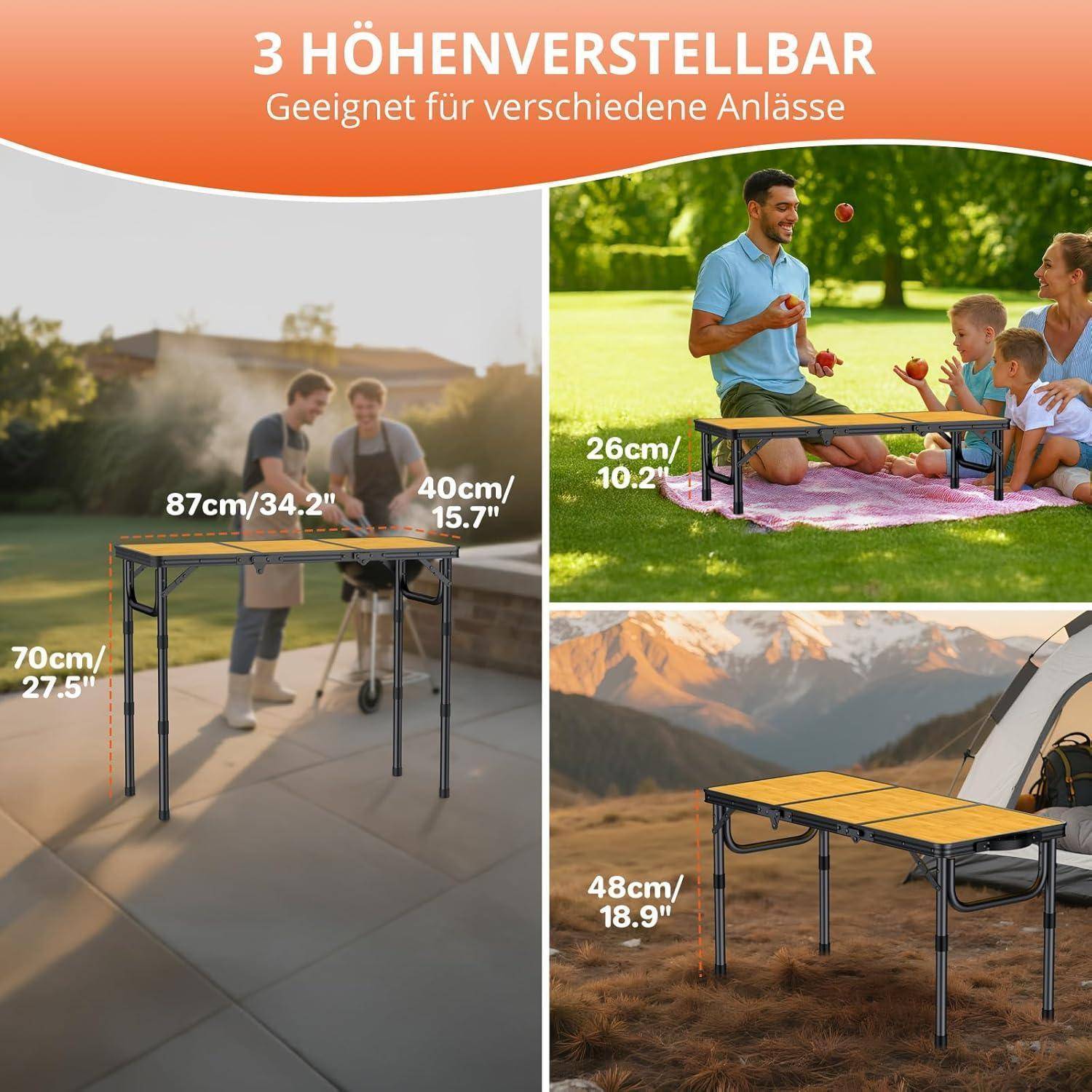 Campingtisch Klapptisch Aluminium 87x40cm 3 Höhen Schwarzgelb