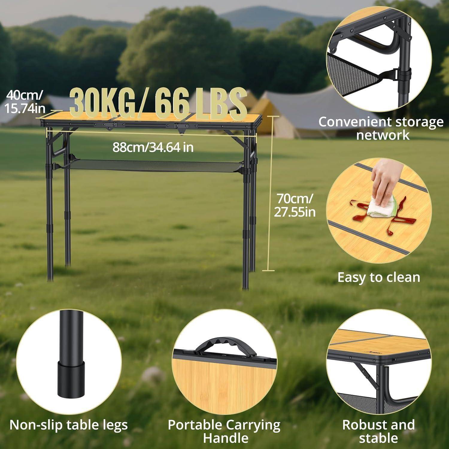 Campingtisch Aluminium Klapptisch 87x40cm 3 Höhen MDF Holzmaserung