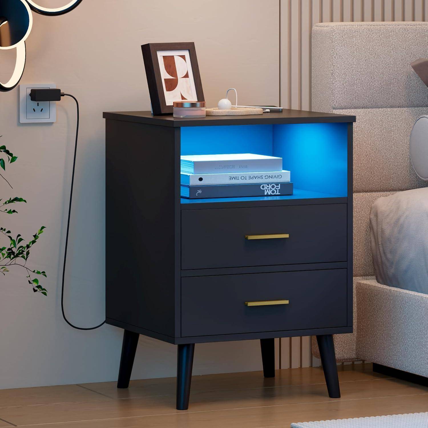 Nachttisch Geheimfach LED Drahtlos USB Type C 3 Schubladen 1 Schwarz