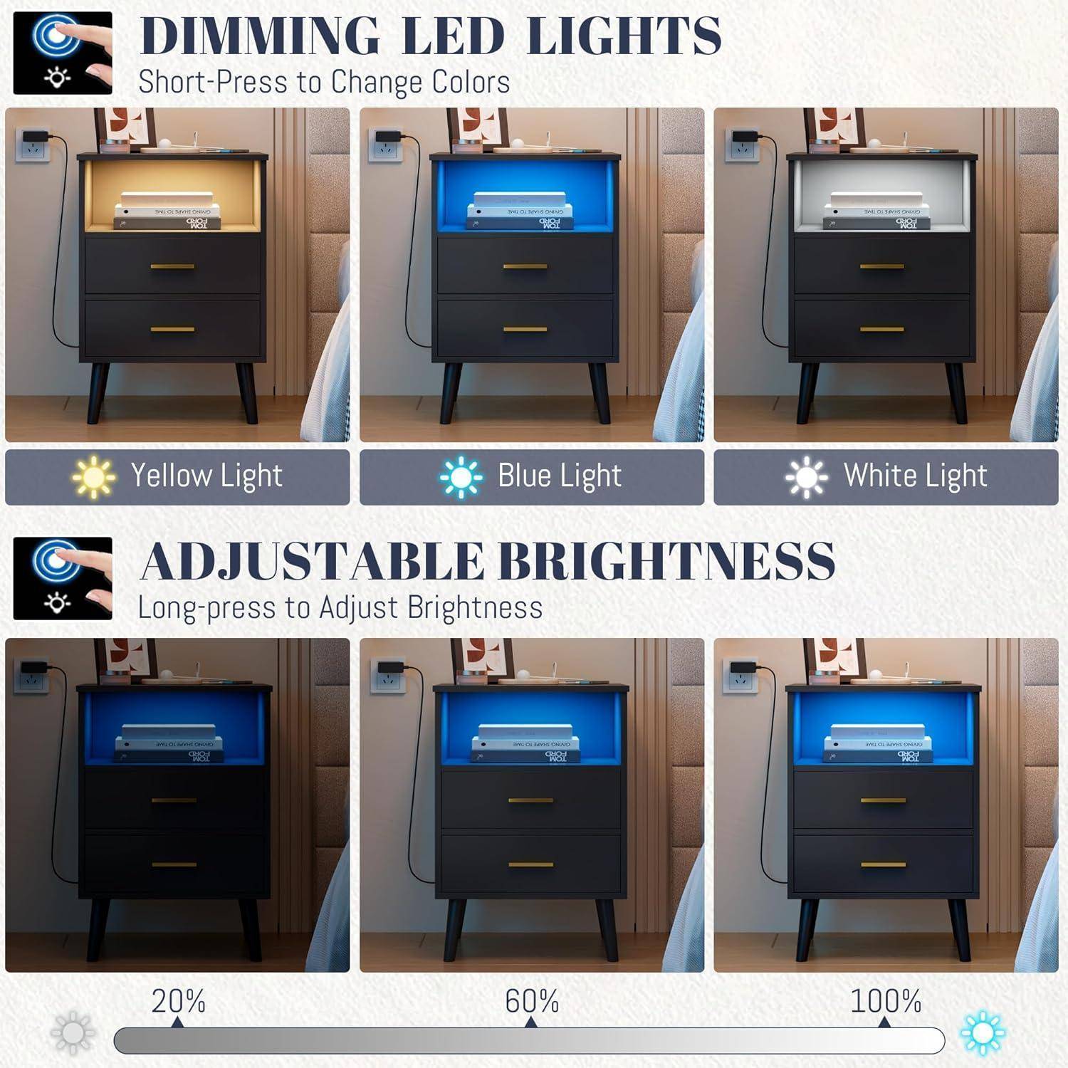 Nachttisch Geheimfach LED Drahtlos USB Type C 3 Schubladen 1 Schwarz