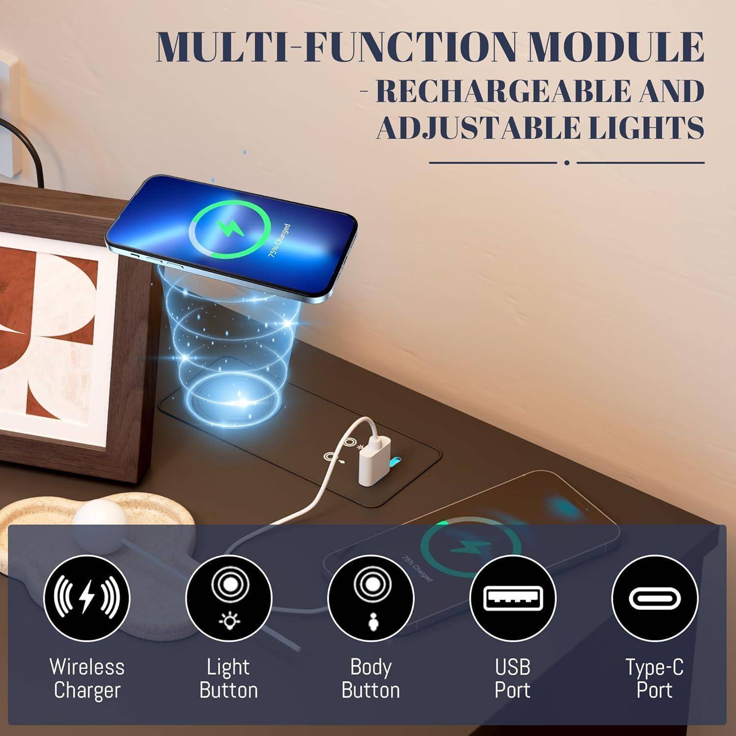 Nachttisch Geheimfach LED Drahtlos USB Type C 3 Schubladen 1 Schwarz