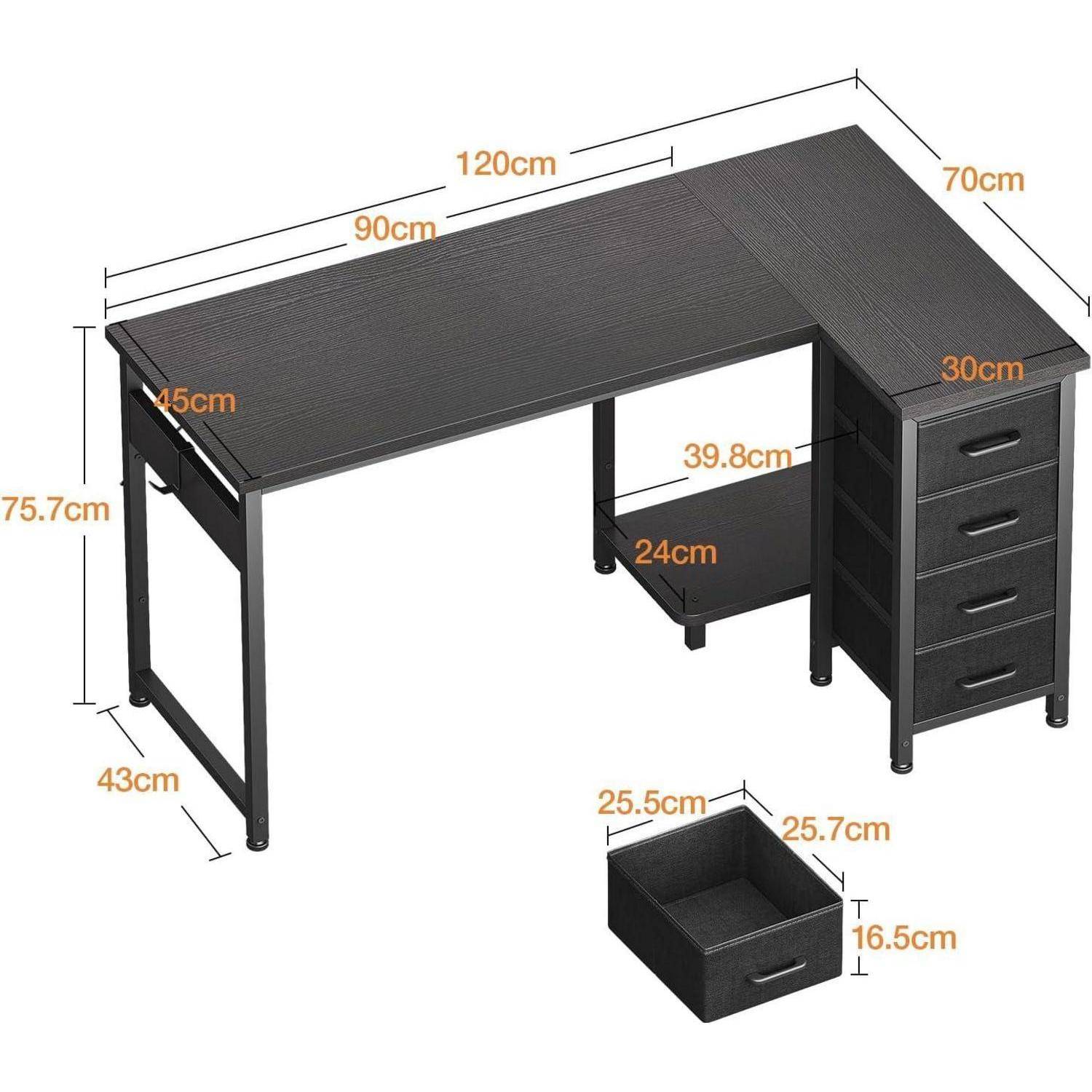 Eckschreibtisch L Form 120x70cm 4 Schubladen 120 × 70 cm Schwarz