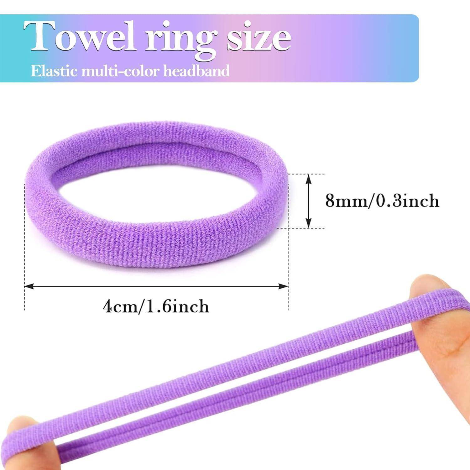 Elastisches Mehrfarbiges Stirnband, dargestellt als lila Schleife mit Abmessungen: 4 cm/1,6 Zoll im Durchmesser, 8 mm/0,3 Zoll dick.
