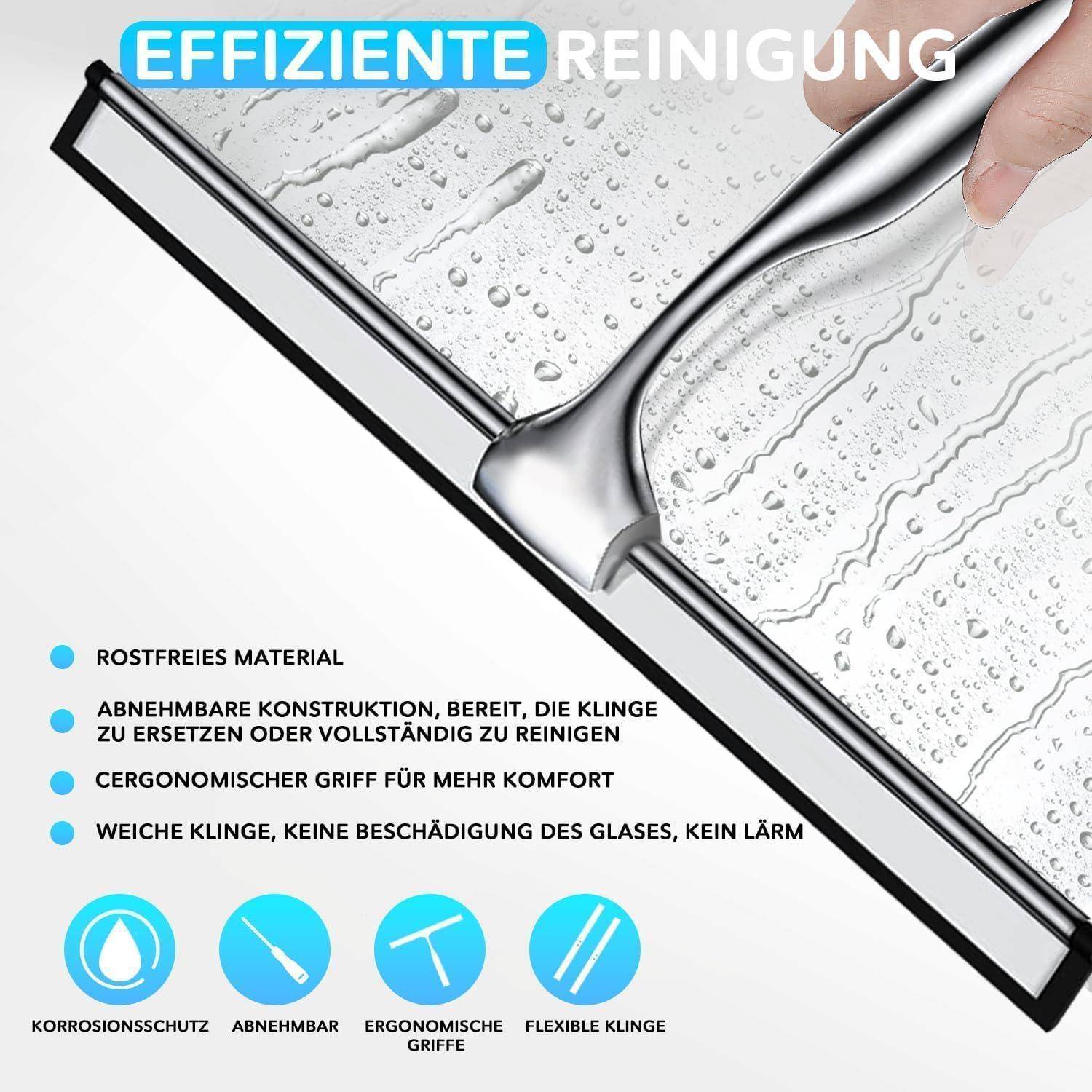 Scheibenwischer-Reinigung; ergonomisch, aus Edelstahl, austauschbarer Griff. Symbole zeigen Rostschutz, Flexibilität, Abnehmbarkeit.