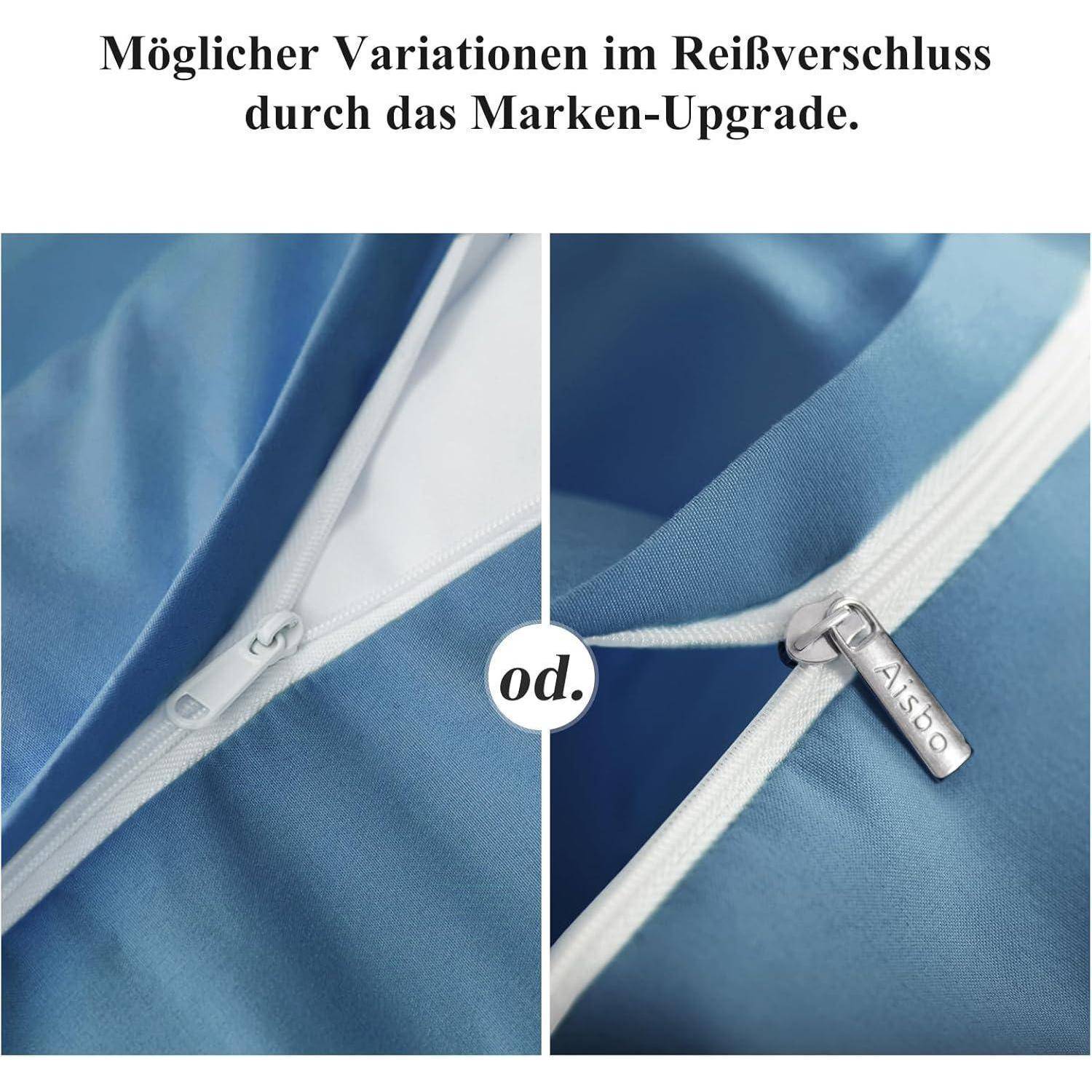 Reißverschlüsse können aufgrund von Markenverbesserungen variieren.' Bild zeigt zwei unterschiedliche Reißverschlussdesigns auf blauem Stoff.