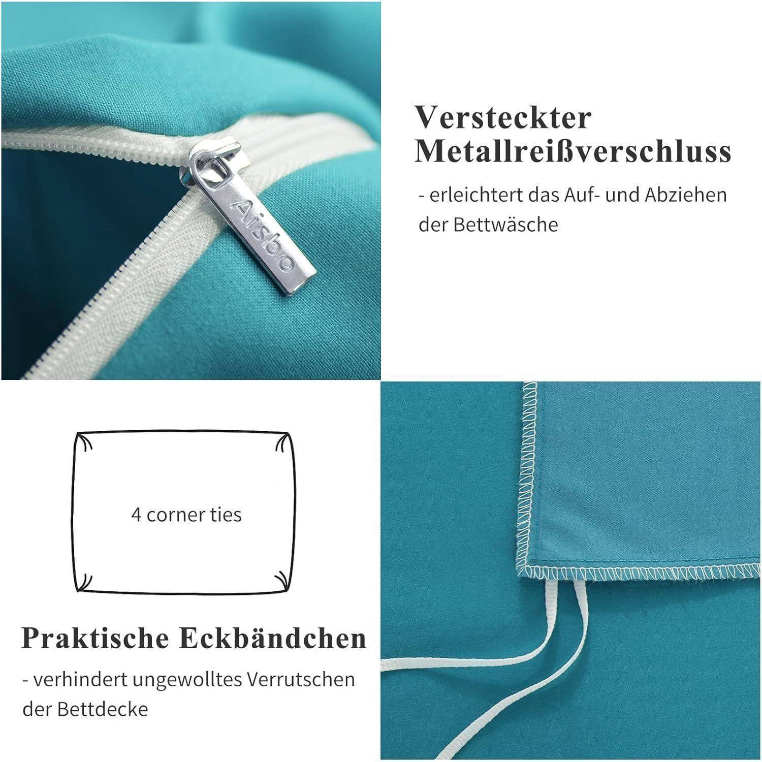 Das Bild zeigt zwei Merkmale der Bettwäsche: einen versteckten Reißverschluss für einfache Handhabung und Befestigungsschlaufen an den Ecken, um ein Verrutschen zu verhindern.
