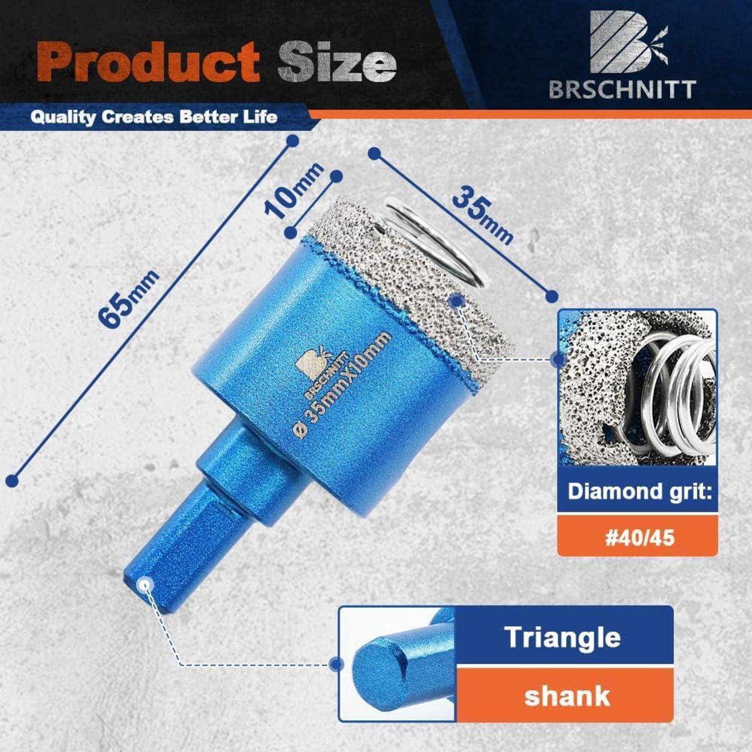 Darstellung der 'Produktgröße' für ein Diamantschleifwerkzeug zeigt folgende Abmessungen: 65 mm Gesamtlänge, 35 mm Arbeitsbereich und 10 mm Durchmesser.