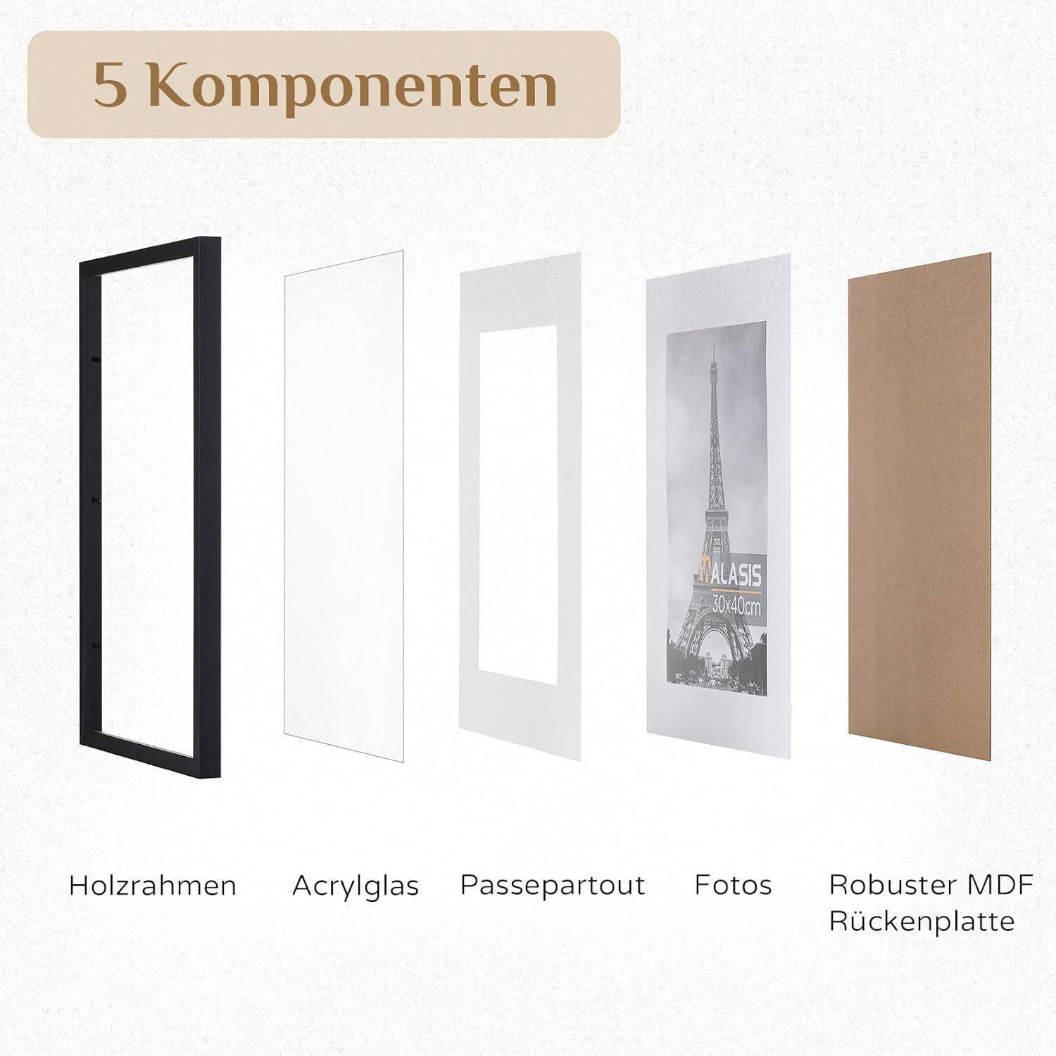 Bilderrahmen 3er Set 40x30 Holzrahmen Passepartout Schwarz 30x40
