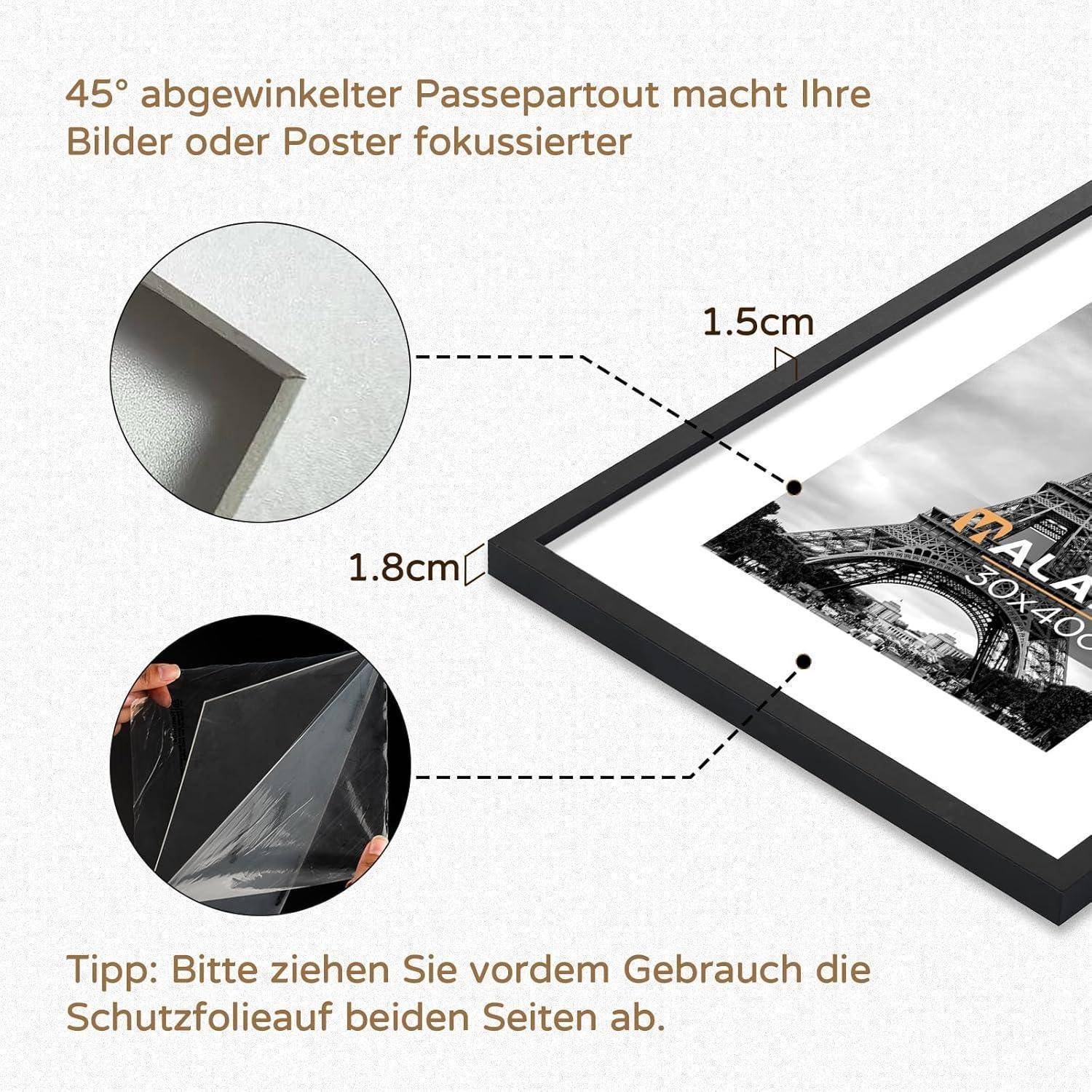 Bilderrahmen 3er Set 40x30 Holzrahmen Passepartout Schwarz 30x40