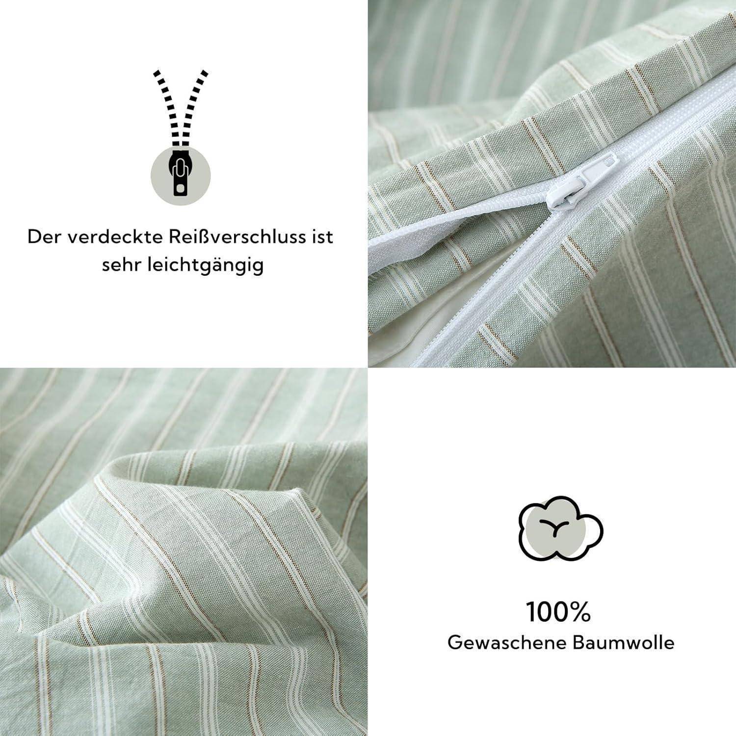 Ein grün gestreifter Stoff mit einem verdeckten, glatten Reißverschluss; gekennzeichnet als 100% gewaschene Baumwolle.