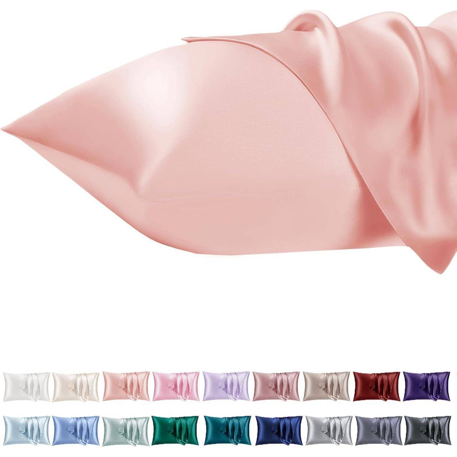 Seidenkissenbezug in hellem Rosa, mit mehreren Farboptionen unten gezeigt, einschließlich Weiß, Blau und Rot.