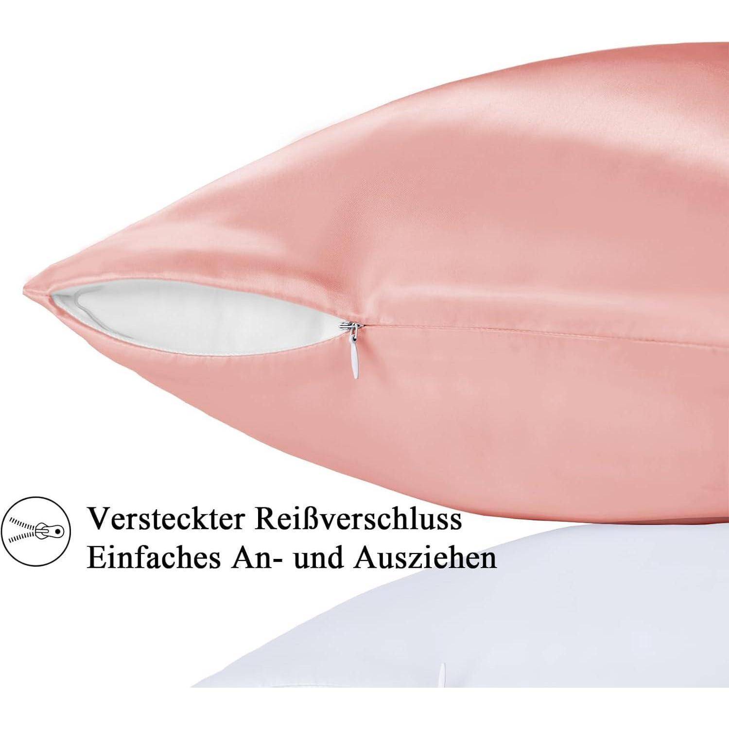 Ein rosa Kissen mit einem verstärkten Reißverschluss, der teilweise geöffnet ist und das Innere offenlegt. Der deutsche Text betont die einfache Handhabung.