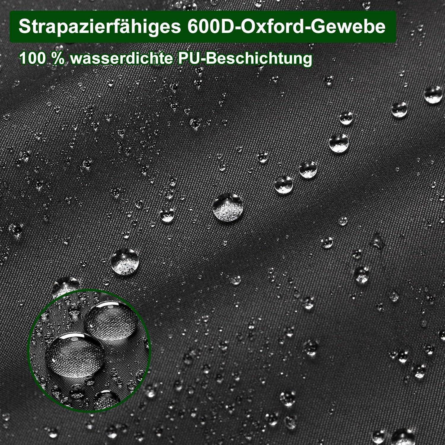 Wassertropfen auf schwarzem 600D Oxford-Gewebe demonstrieren dessen Strapazierfähigkeit und 100% wasserdichte PU-Beschichtung, wie der Text besagt.