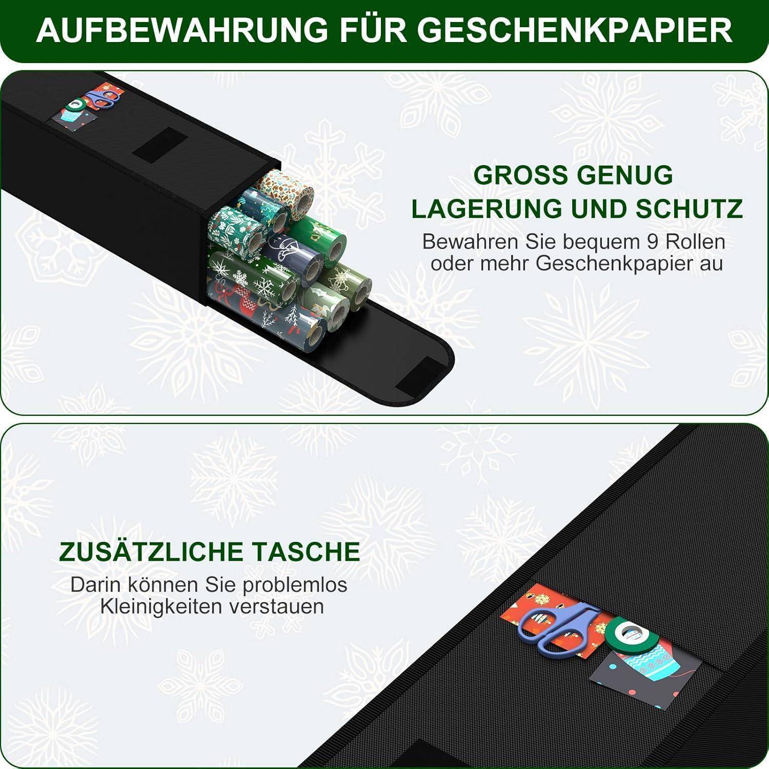 Aufbewahrung für Geschenkpapier: groß genug für neun Rollen; zusätzliche Tasche für Zubehör. Hauptfarbe ist Schwarz mit einem Schneeflocken-Muster.