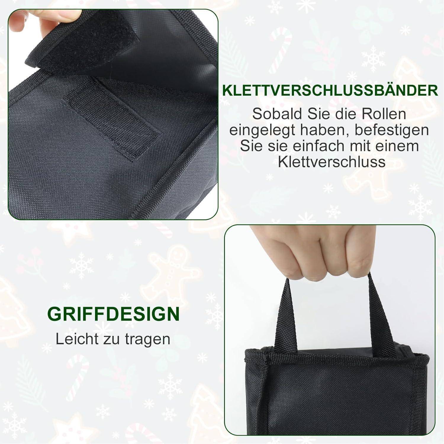 Das Bild zeigt zwei Nahaufnahmen eines schwarzen Produkts, das für einfaches Tragen konzipiert ist. Der Text betont die Verwendung von Klettverschluss für einen sicheren Verschluss.