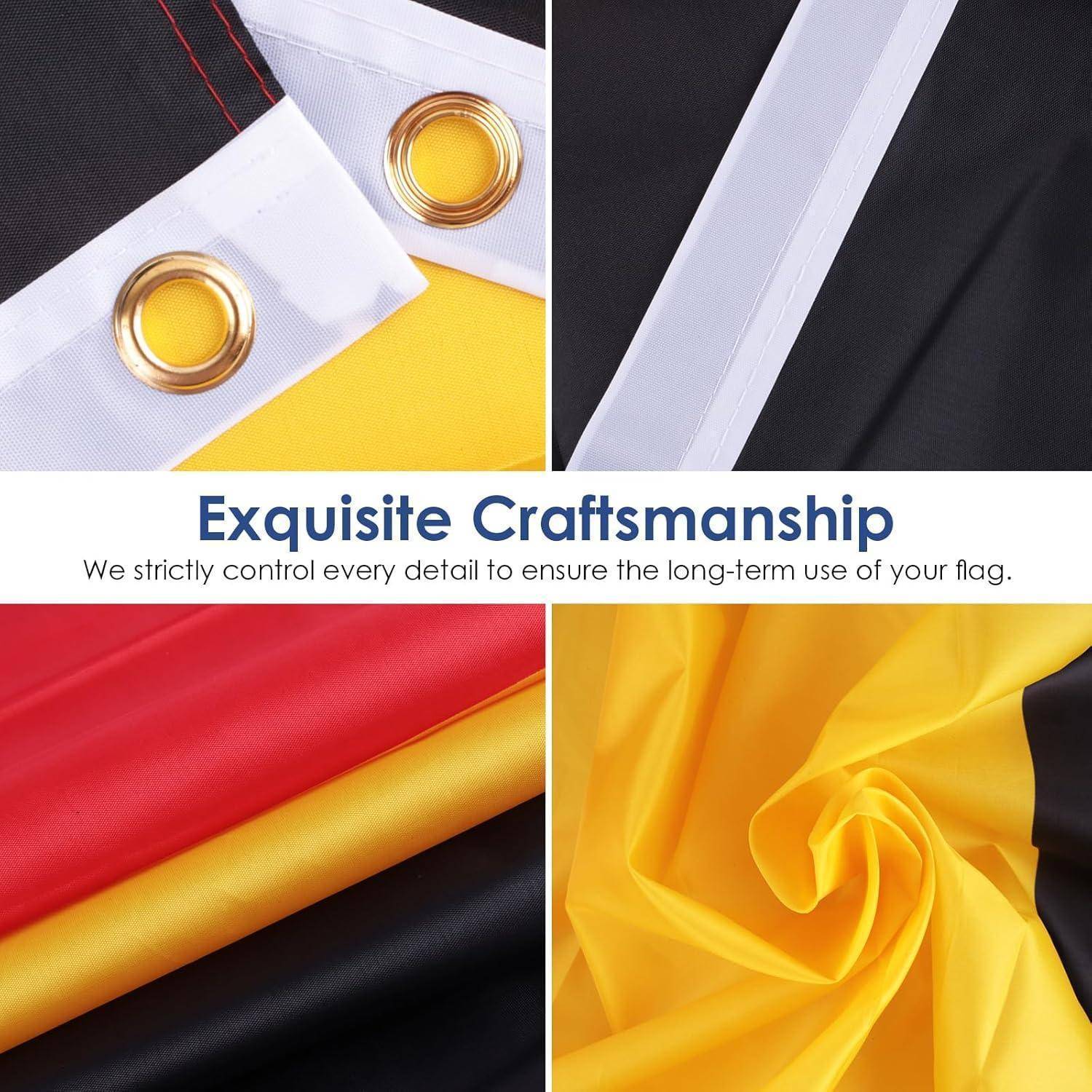 Detailaufnahme des Flaggenstoffs mit leuchtenden Farben und robusten Ösen. Text lautet: ‚Exquisite Handwerkskunst: Wir kontrollieren jedes Detail streng, um die Langlebigkeit Ihrer Flagge zu gewährleisten.
